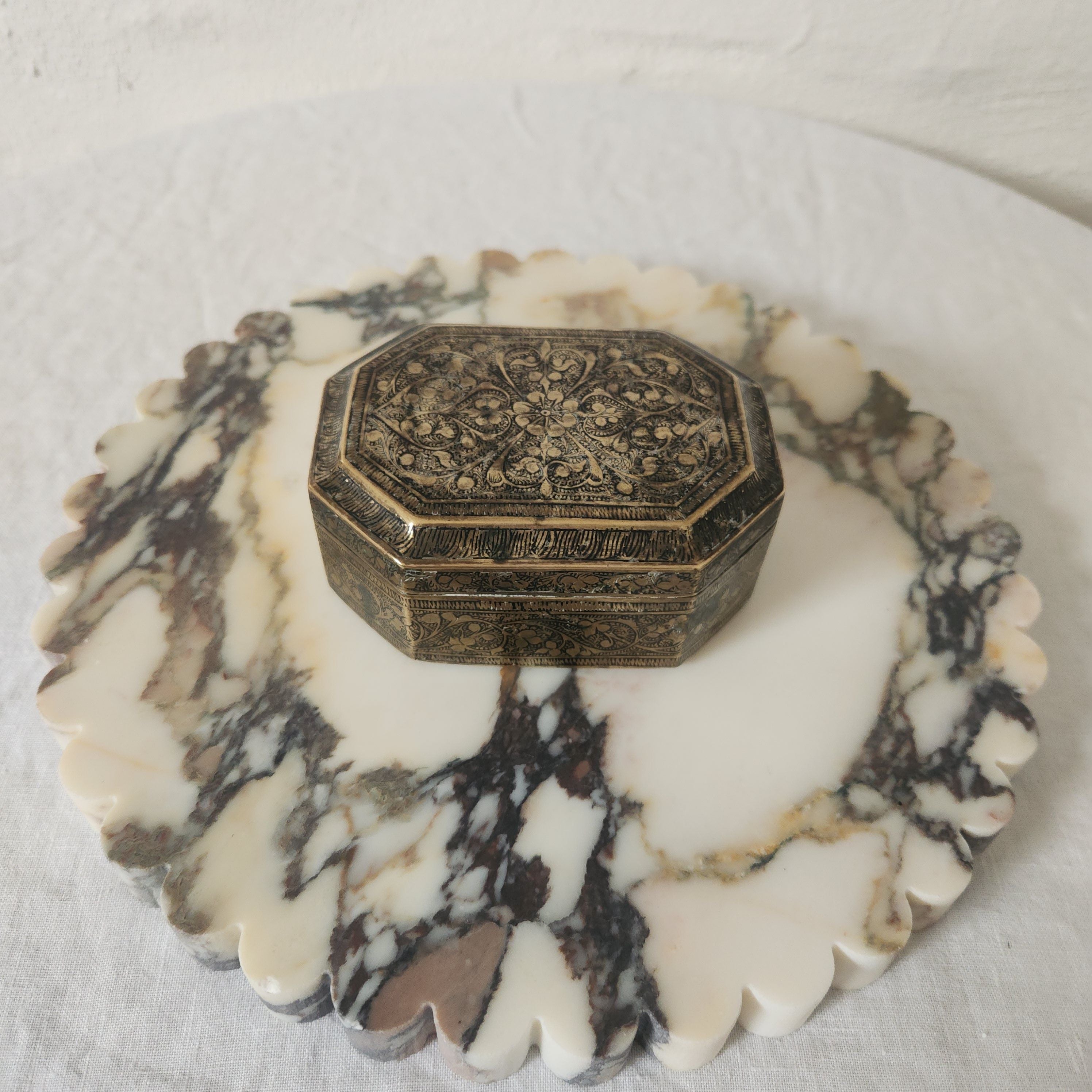 Gorgeous Engraved Brass Box with Octagonal Hinged Lid