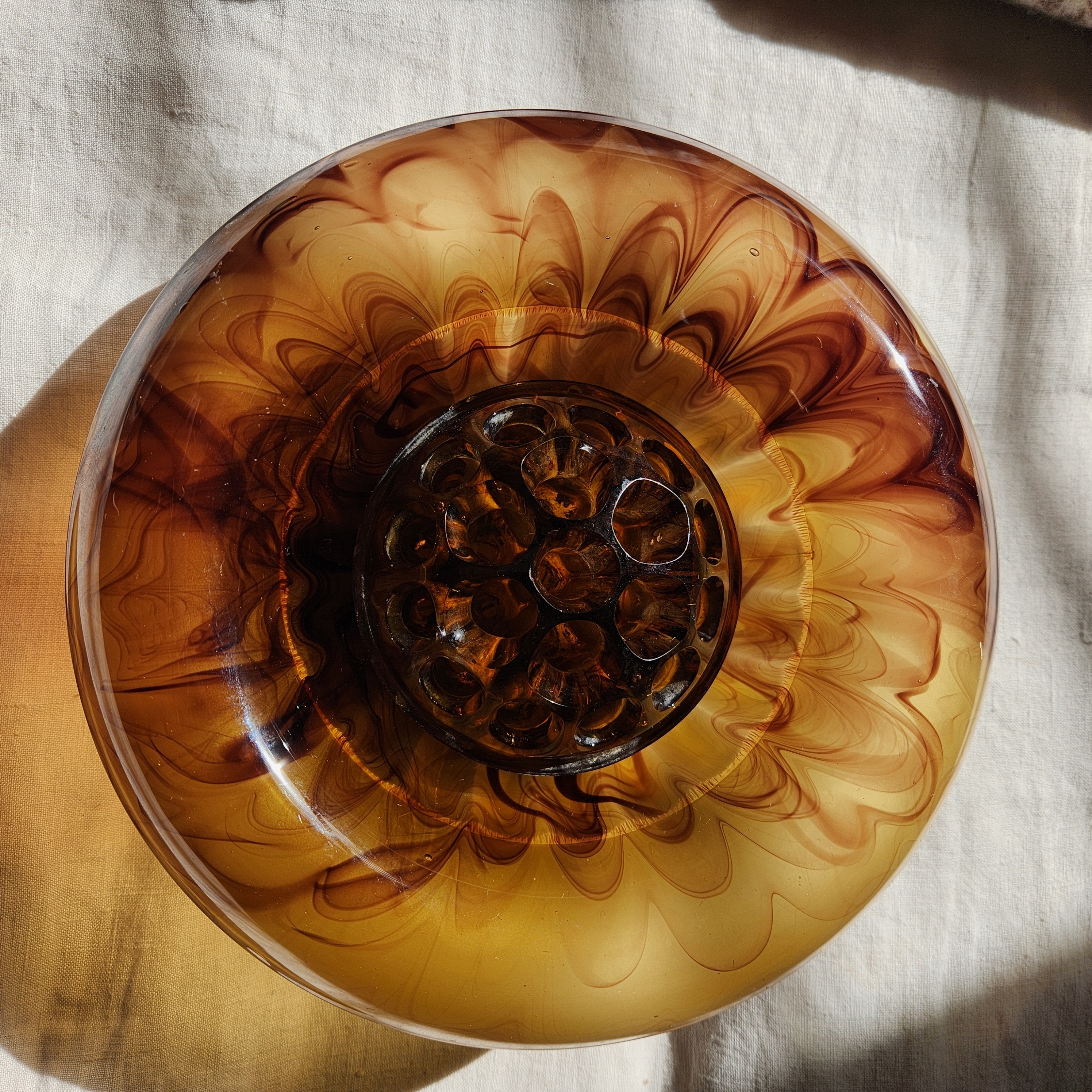 Art Deco Davidson Amber Cloud Glass Bowl with Flower Dome
