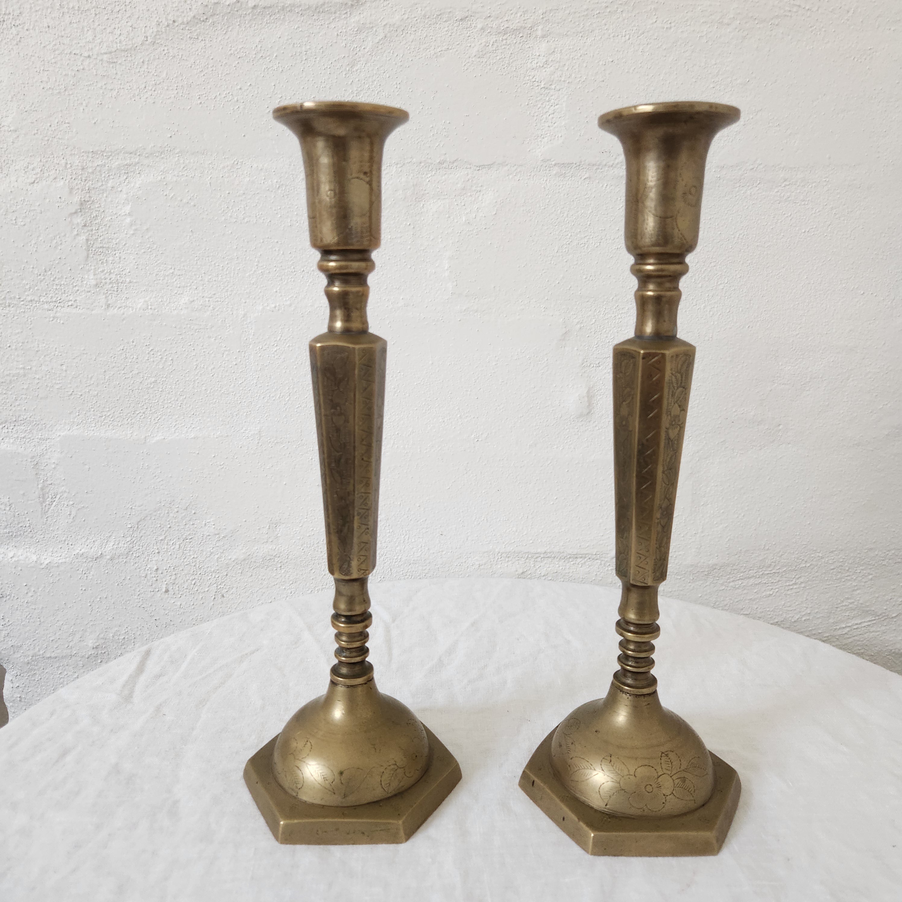 Antique Brass Engraved Candlestick pair