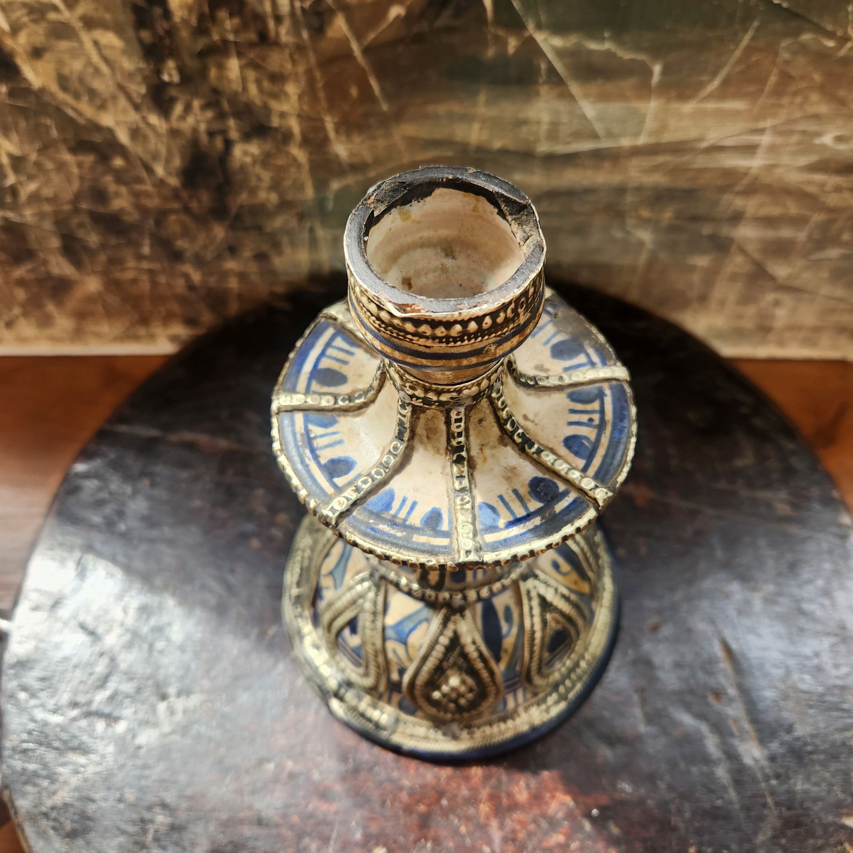 Antique Ceramic Candlestick with silver nickel filigree trim