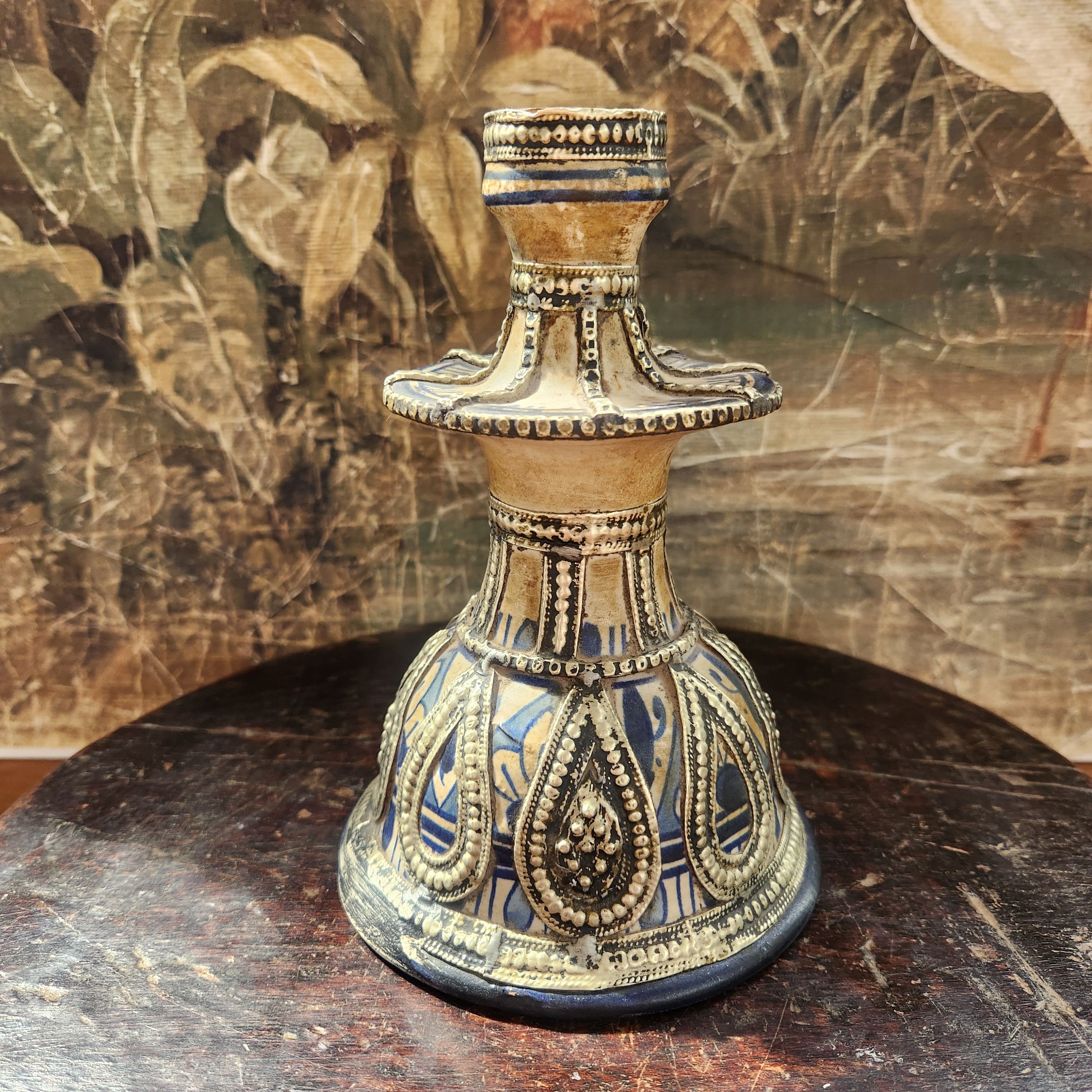 Antique Ceramic Candlestick with silver nickel filigree trim