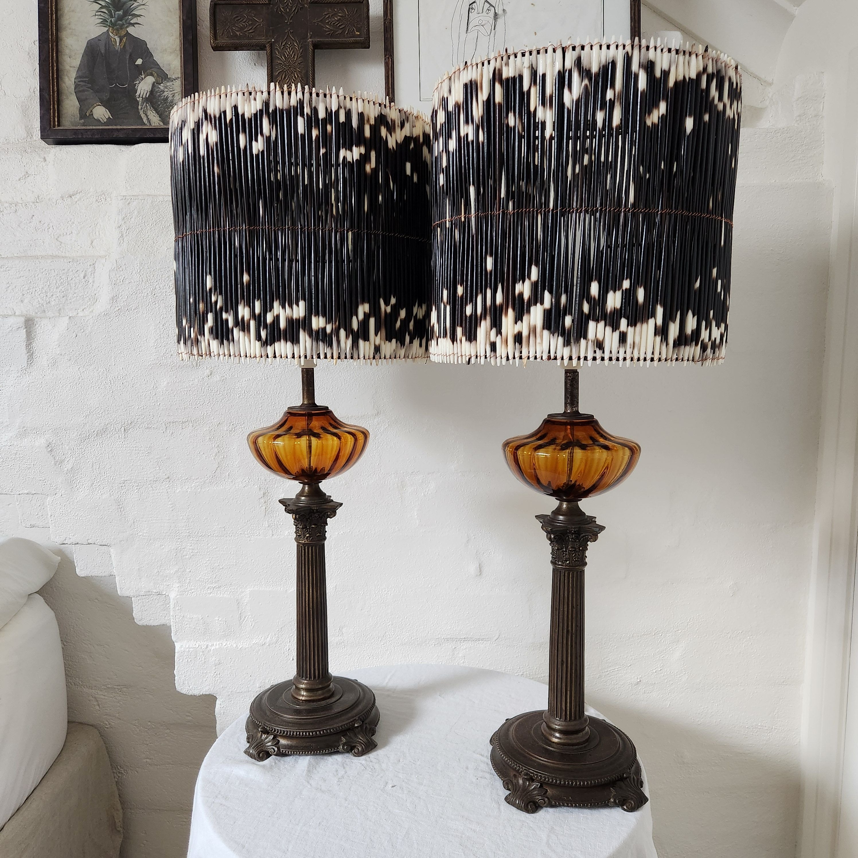 Vintage Brass and Amber Glass Lamp with Porcupine Quill Shade