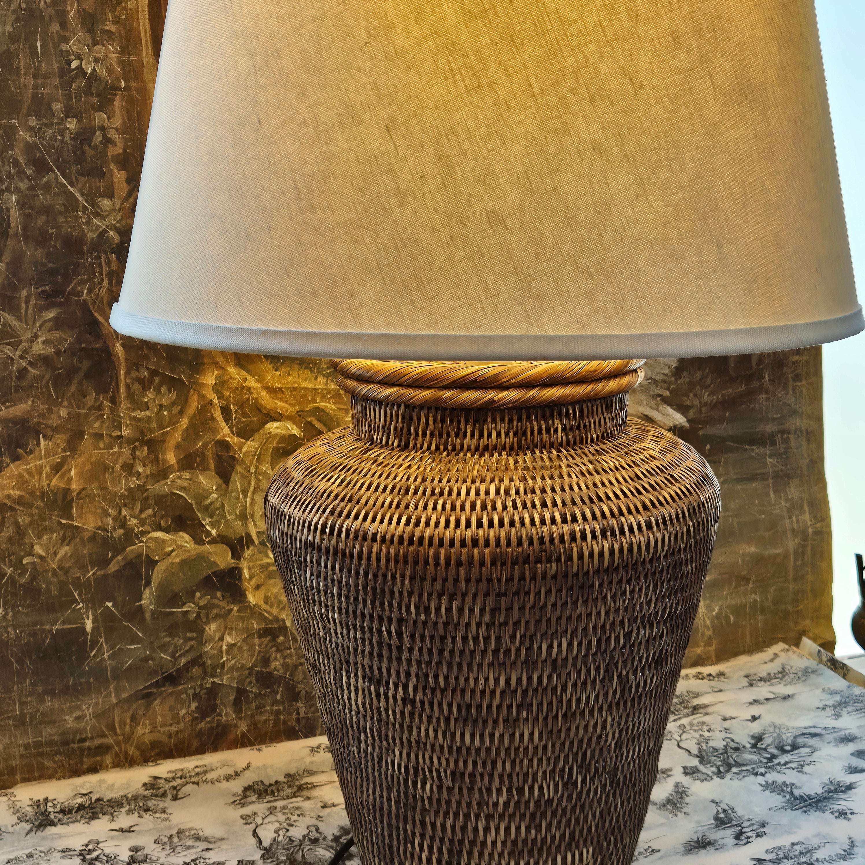 Vintage Rattan Lamp with Linen Parchment Shade