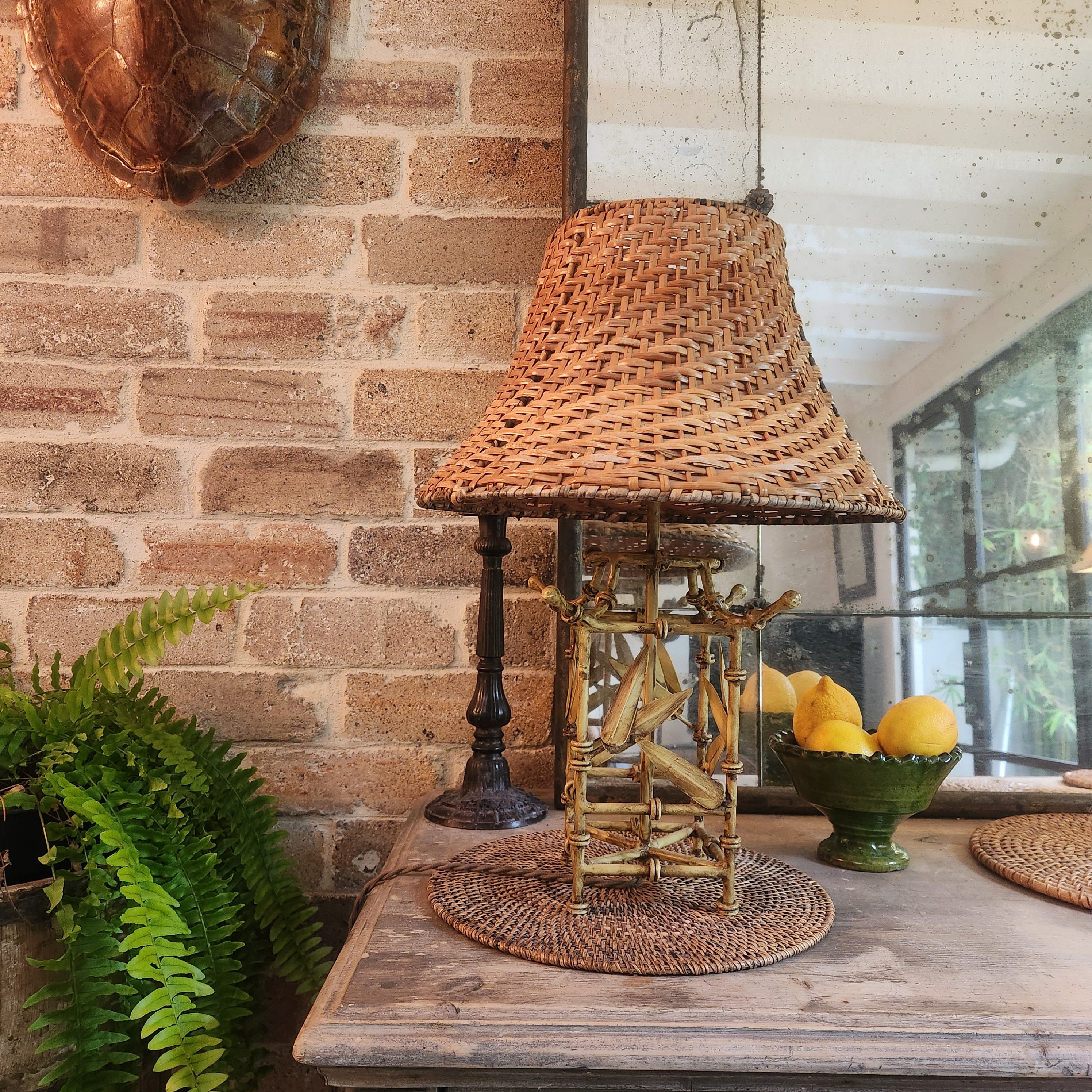 Vintage French Bamboo Lamp and Rattan Shade
