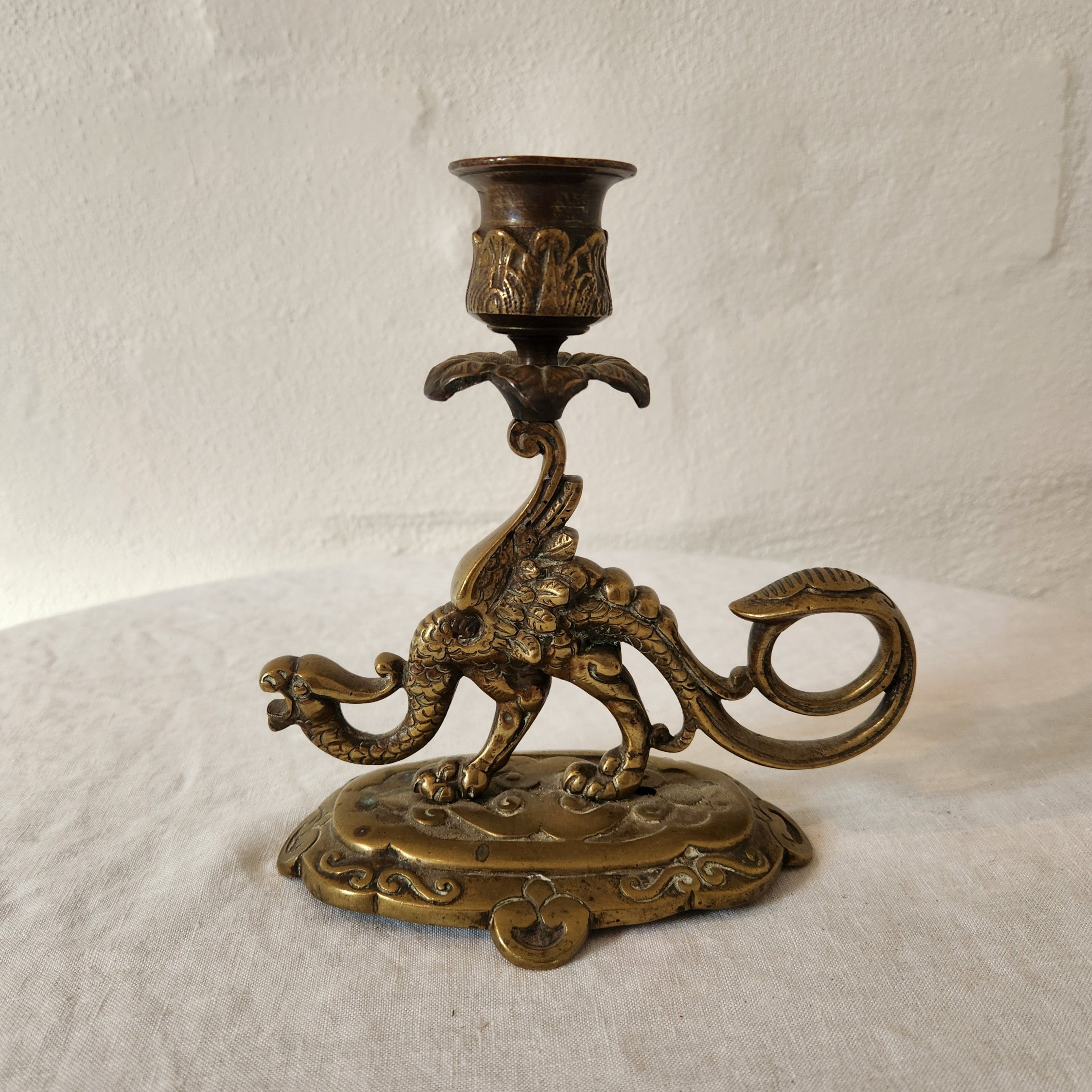 Vintage French Brass Candlestick with Dragon