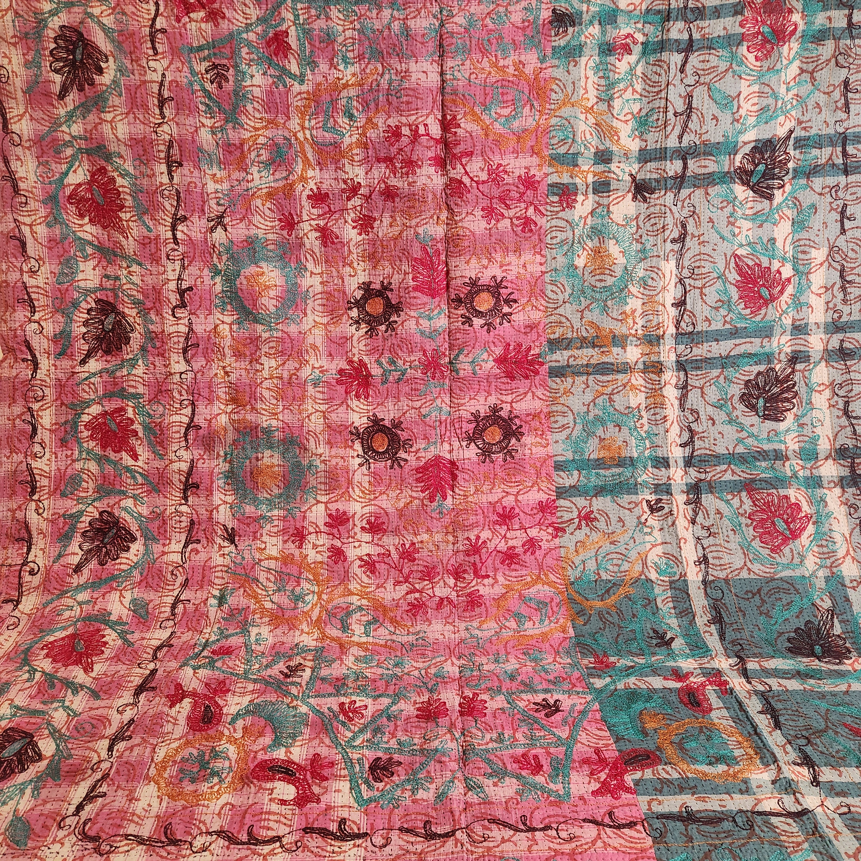 Suzani Vintage Kantha Throw - Aqua, Orange, Grape #2