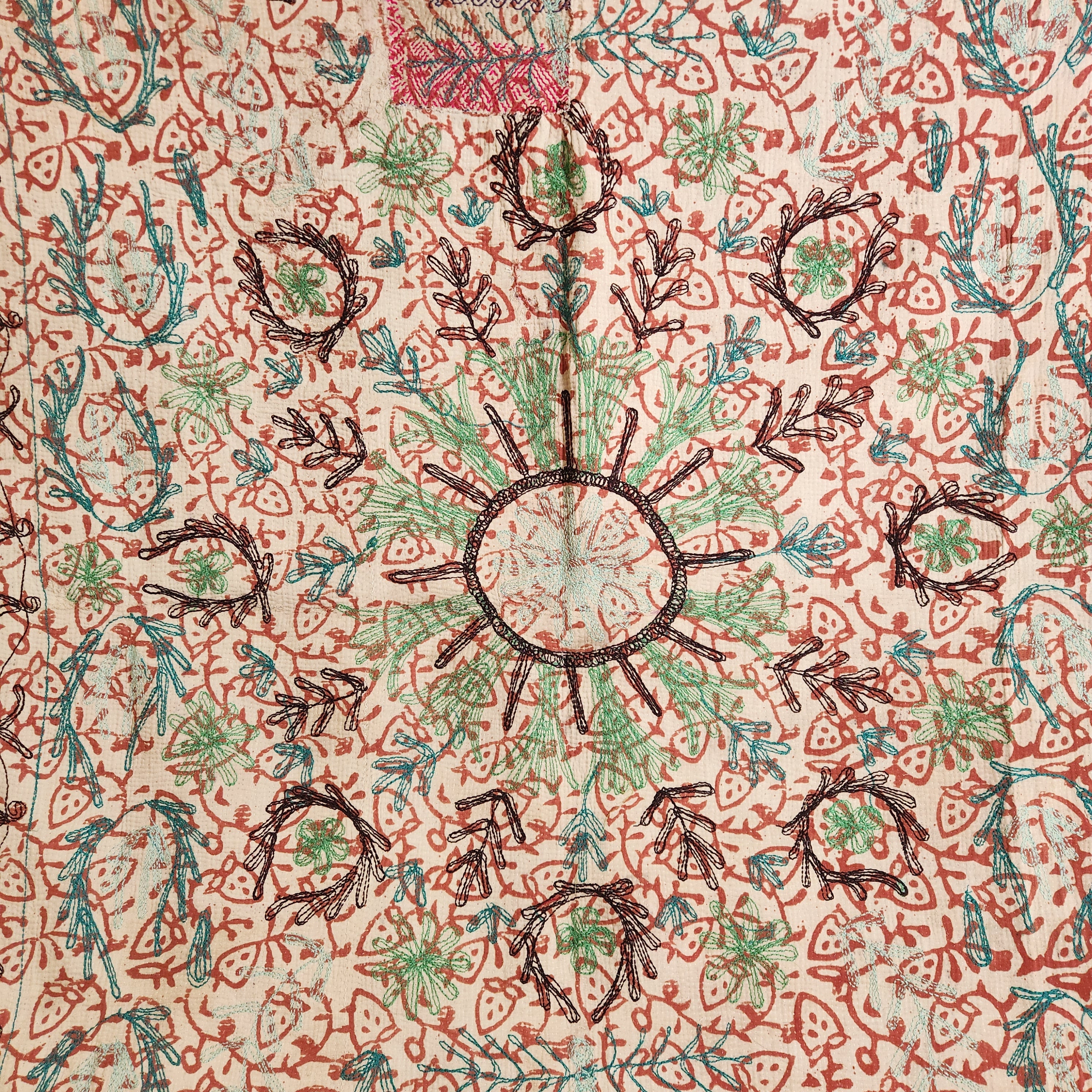 Suzani Vintage Kantha Throw - Turquoise, Mint, Terracotta