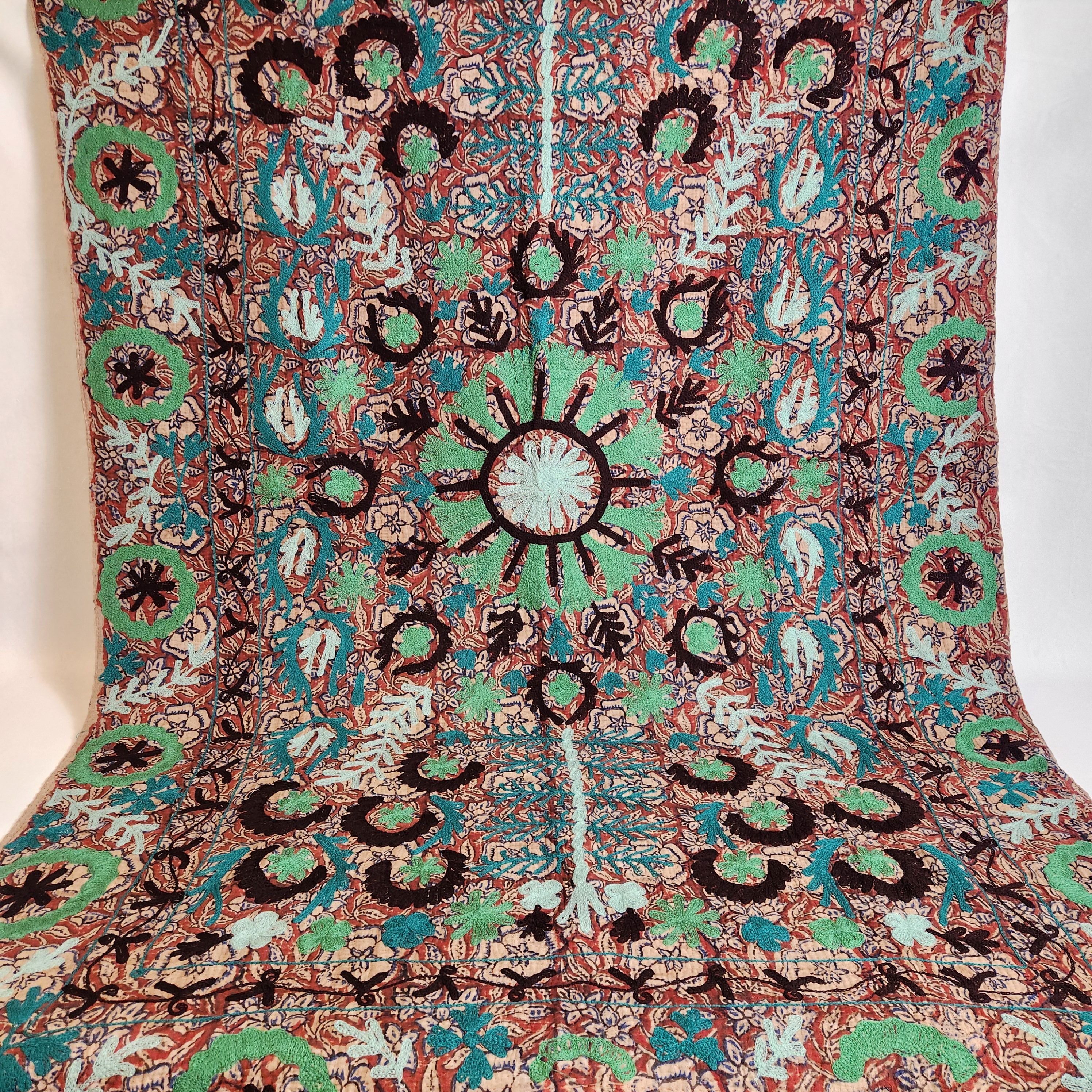 Suzani Vintage Kantha Throw - Turquoise, Mint, Terracotta