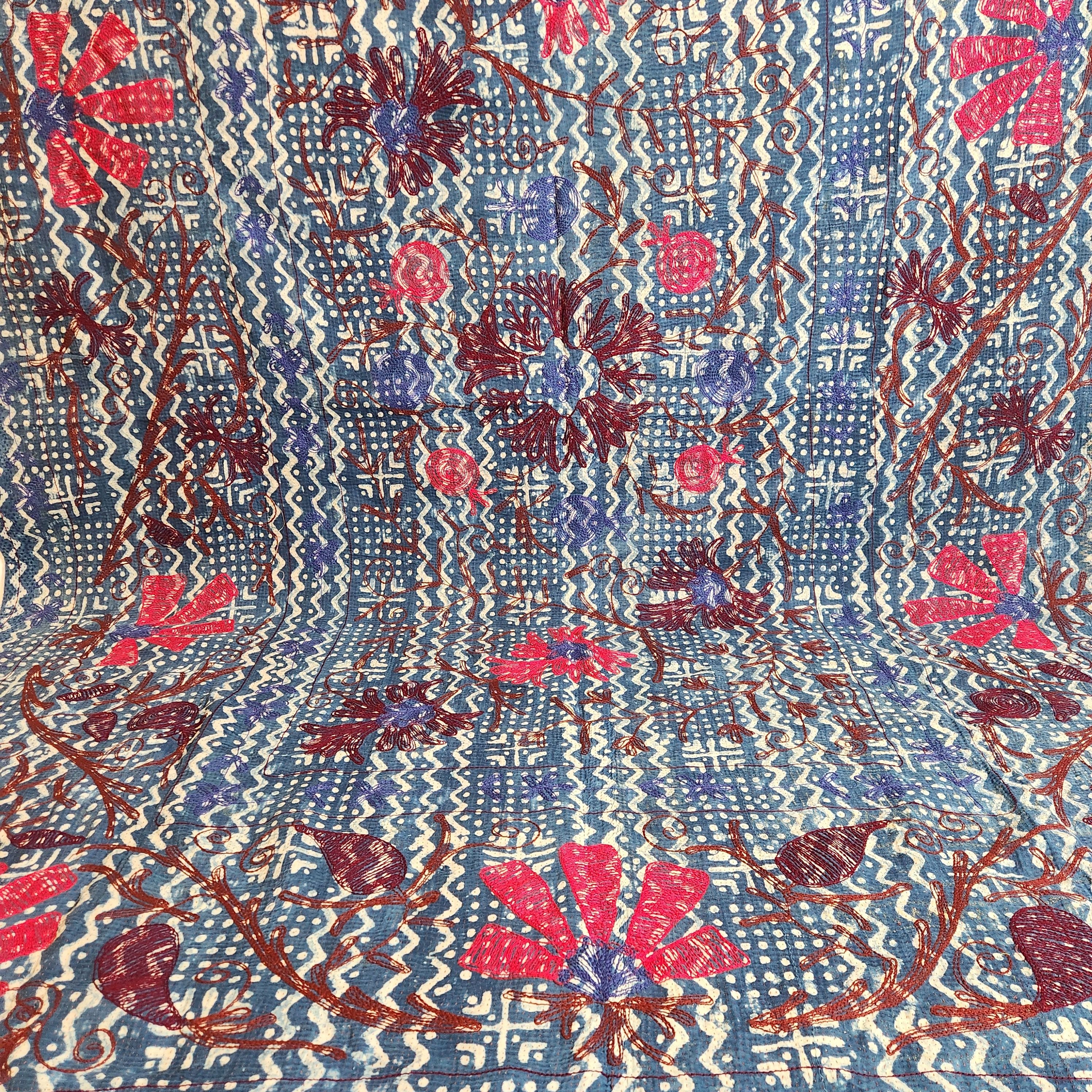 Suzani Vintage Kantha Throw - Blue with Red Flowers