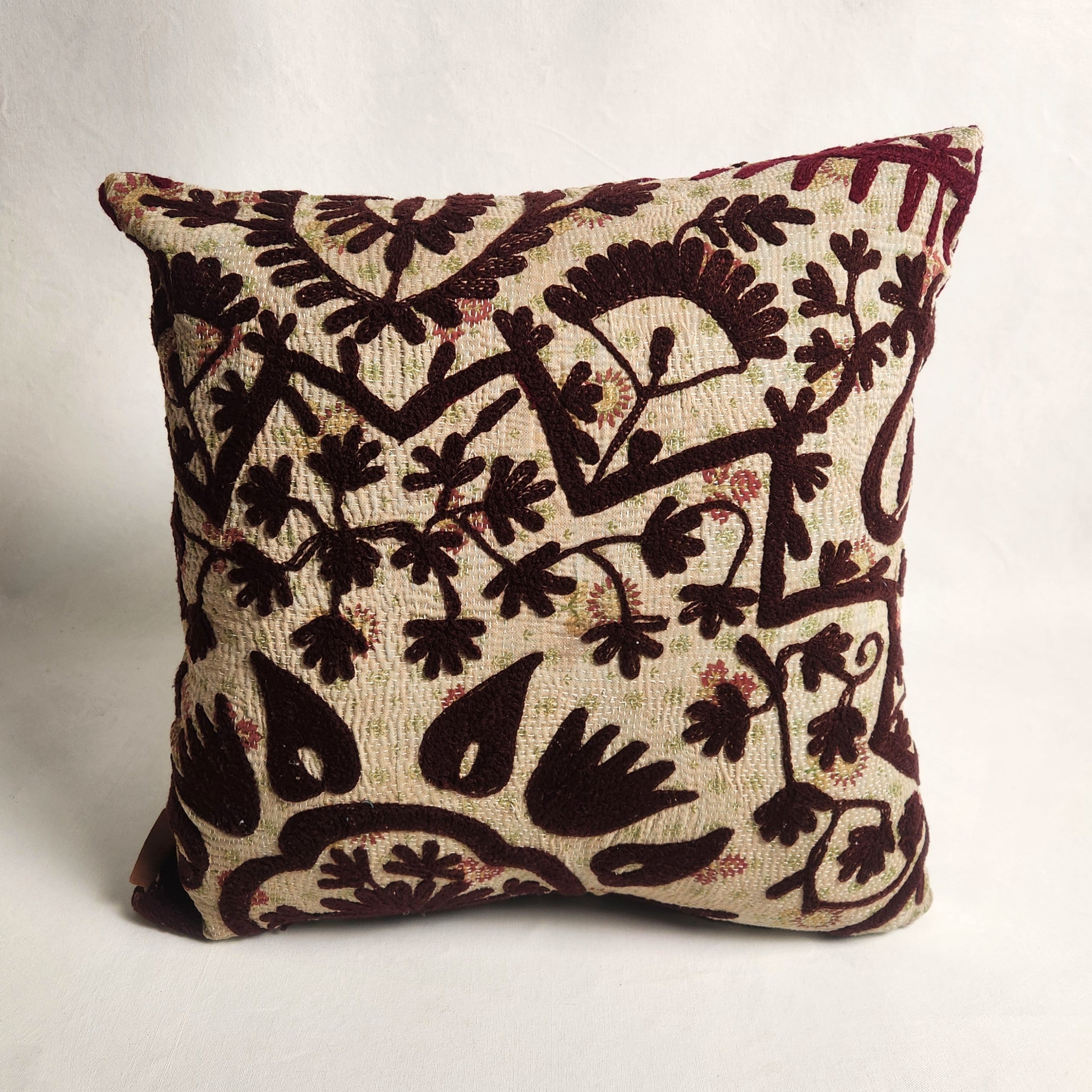 Suzani Cushion #35 - Burgundy, Oatmeal, Green 50x50