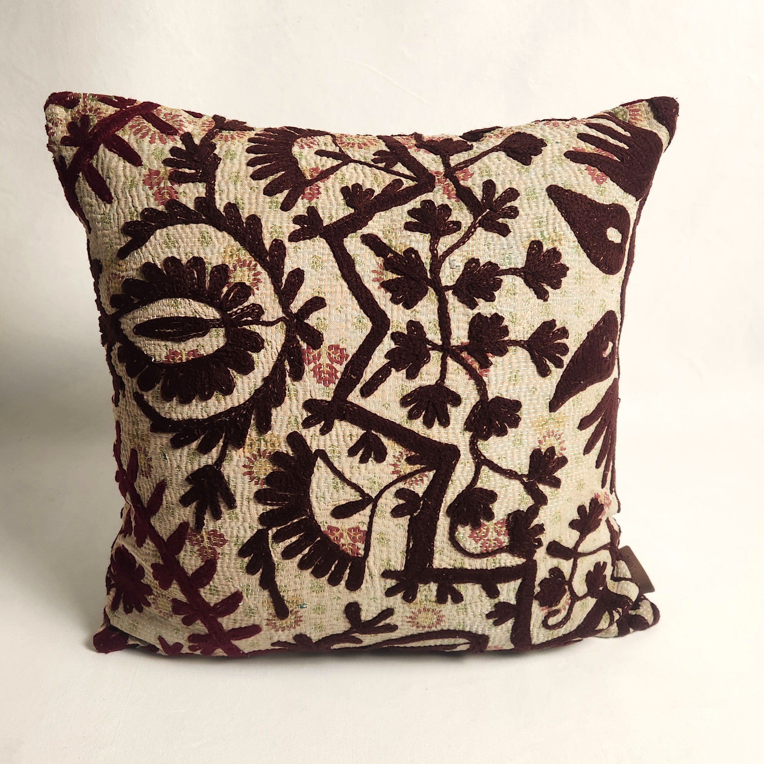 Suzani Cushion #35 - Burgundy, Oatmeal, Green 50x50
