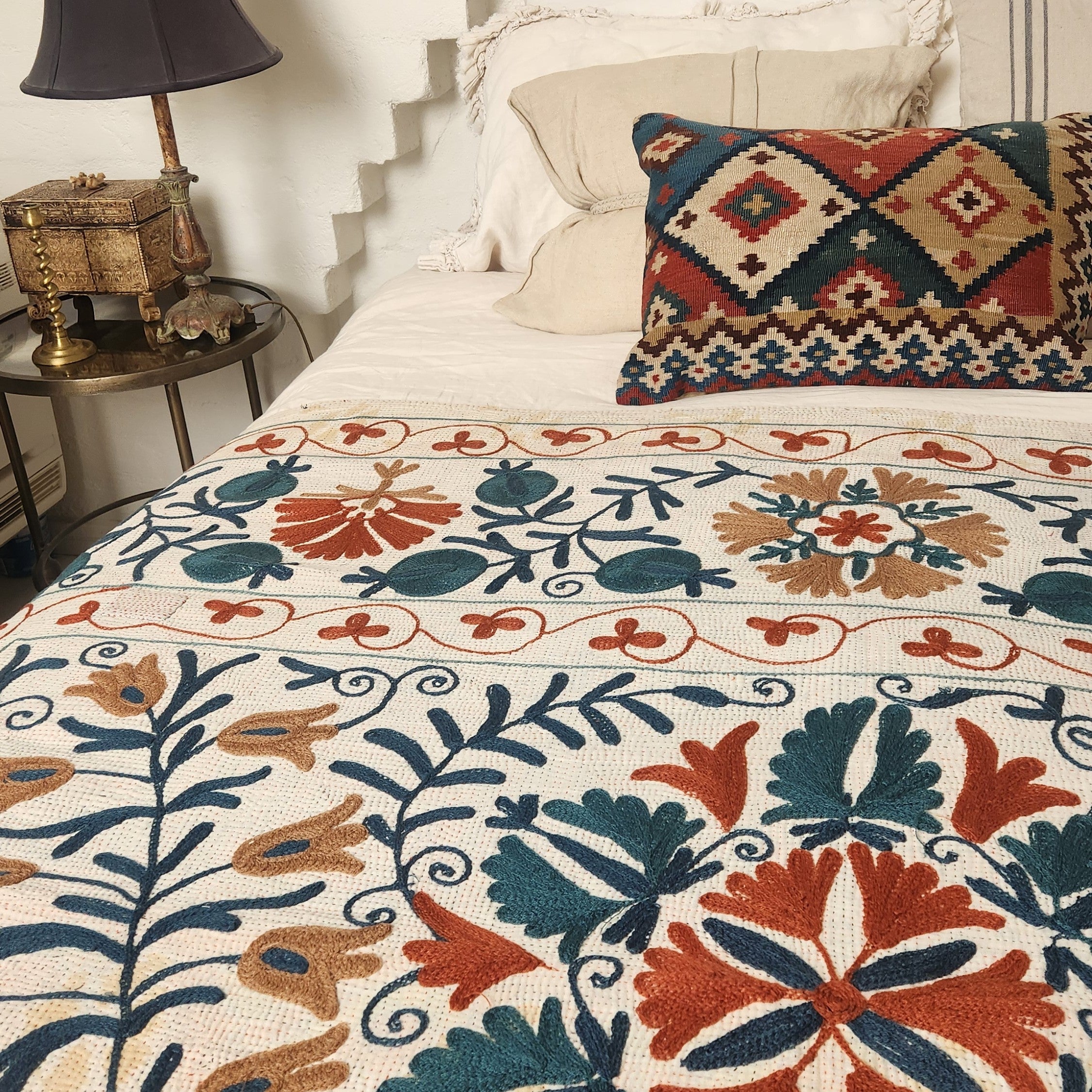 Vintage Suzani Kantha Throw - Tan & Delft Blue