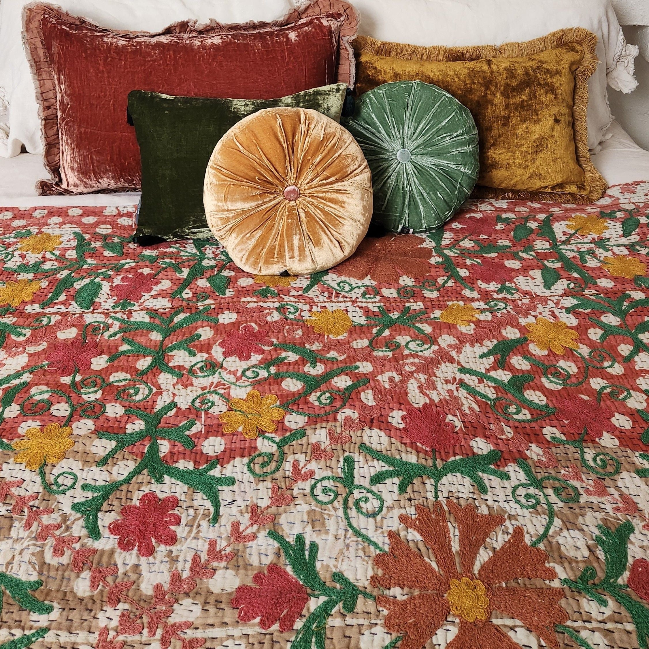 Vintage Suzani Kantha Throw - Pink White Polka Dot