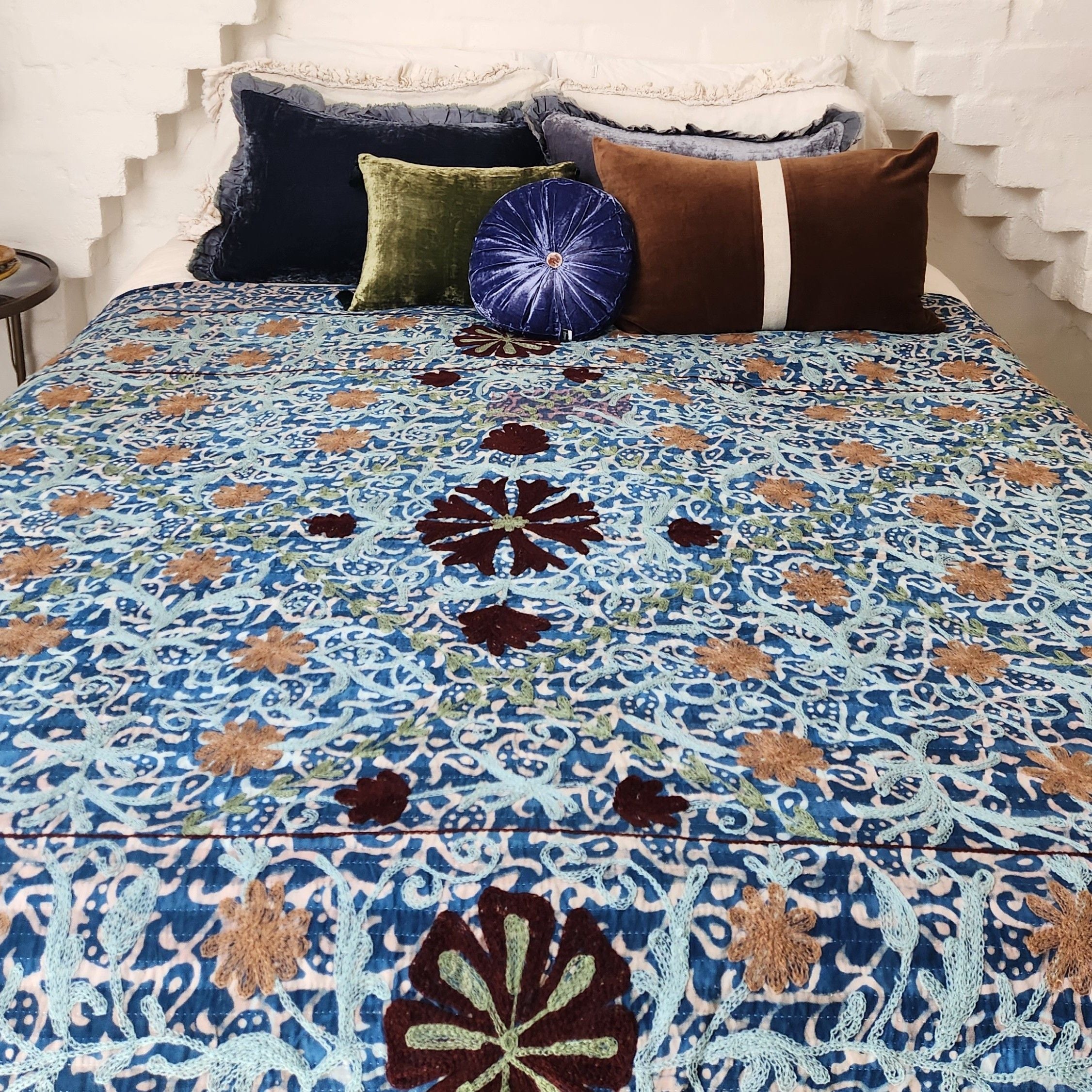 Vintage Suzani Kantha Throw - Blue, Coral & Burgundy