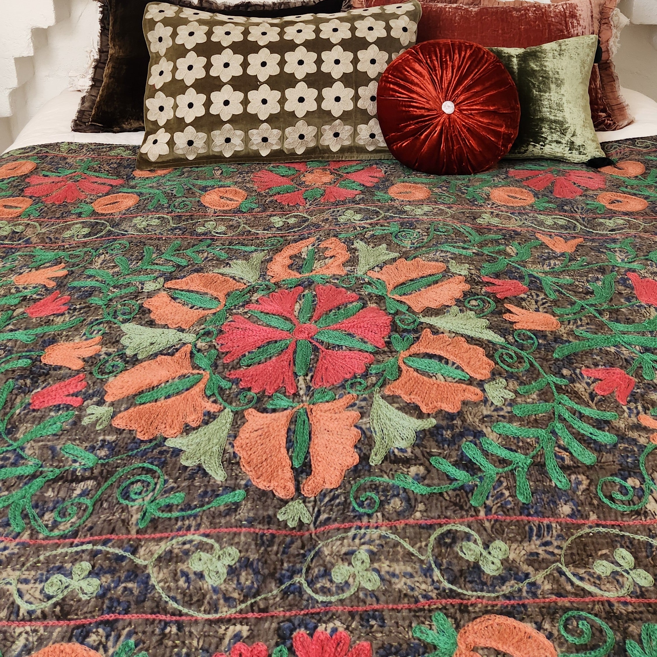 Vintage Suzani Kantha Throw - Peach, Coral &Green on Dark Khaki