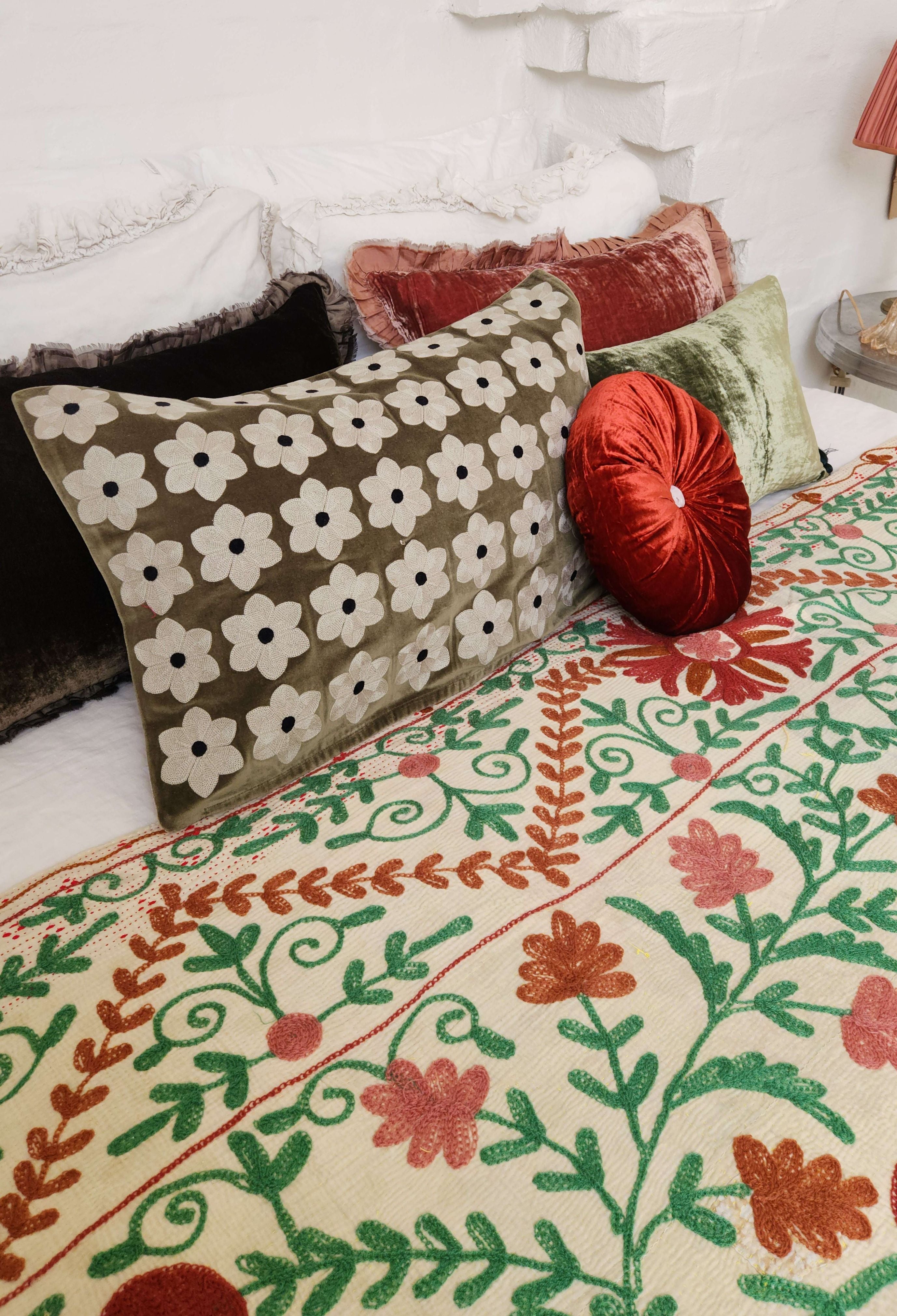 Vintage Suzani Kantha Throw - Tan, Rose & Green