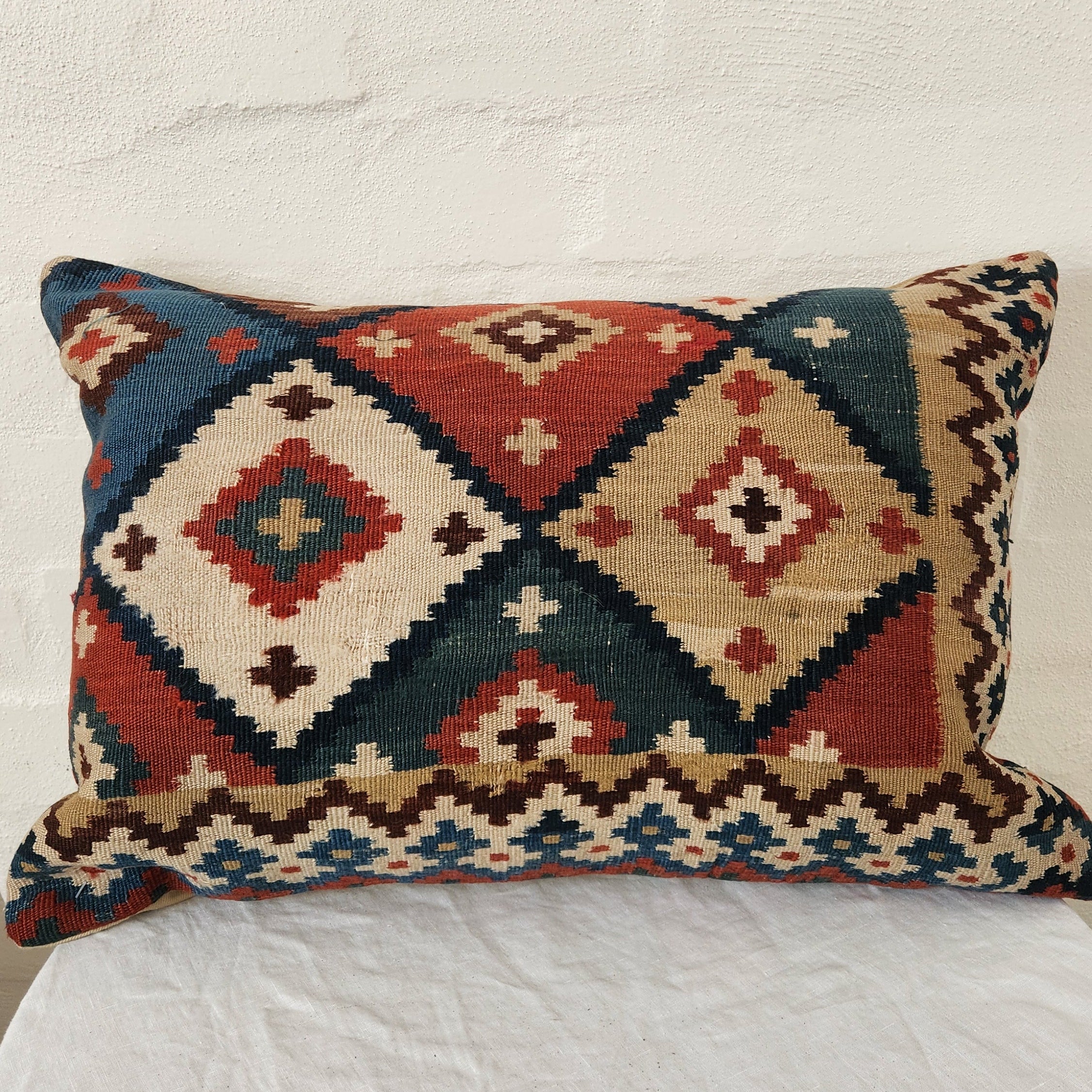 Turkish Kilim Red and Blue Diamond Cushion