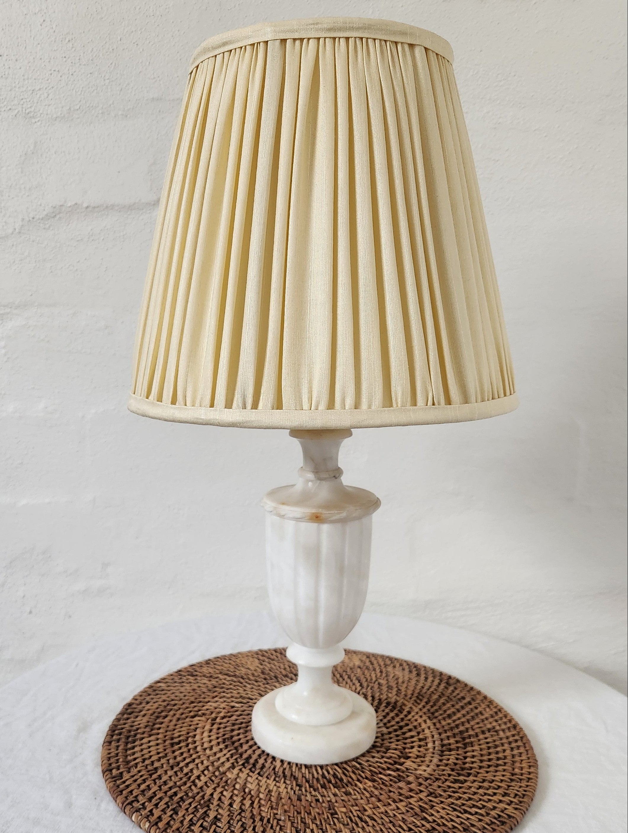 Small hand carved Marble Base with Pleated Silk Shade