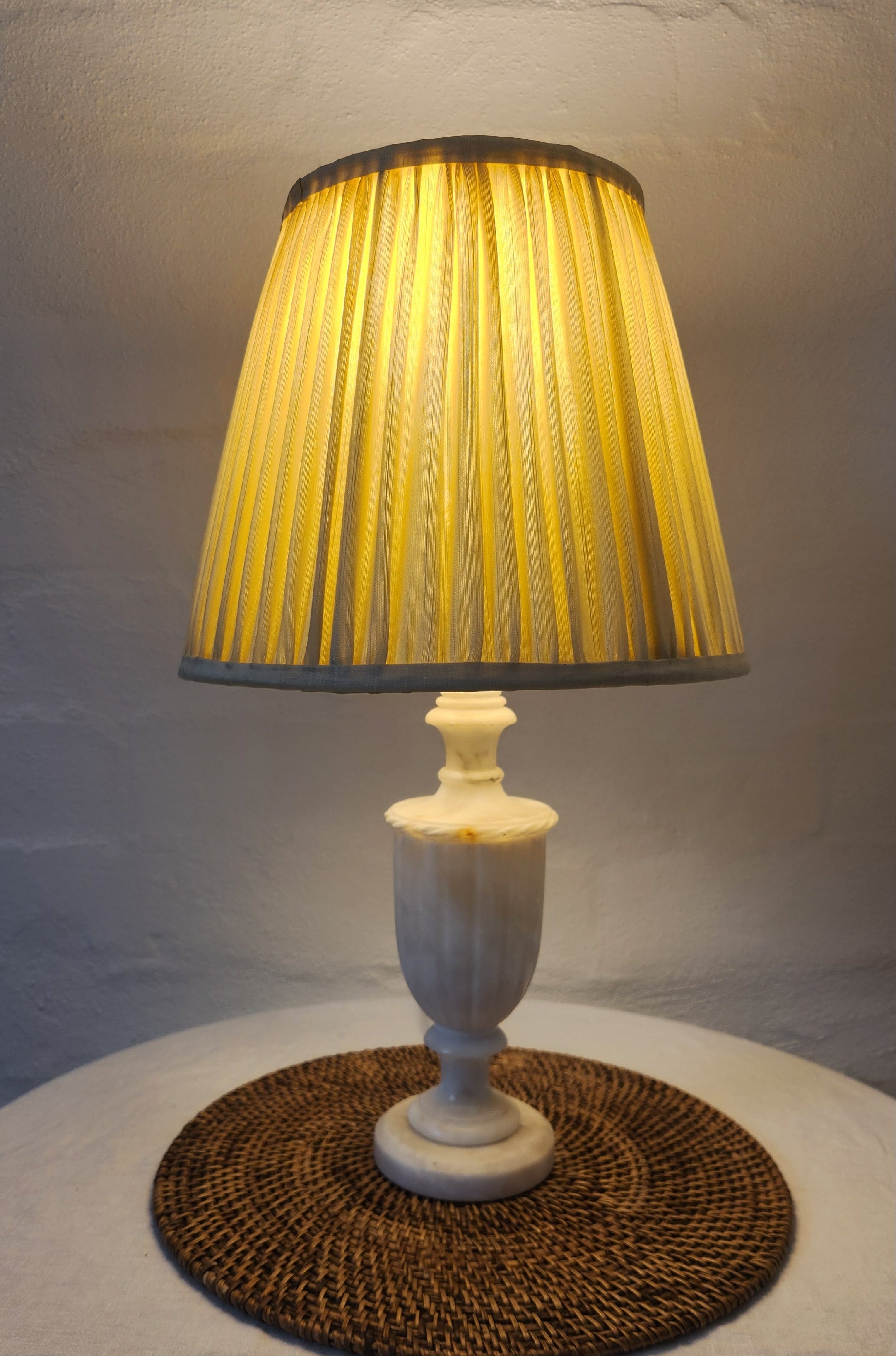 Small hand carved Marble Base with Pleated Silk Shade