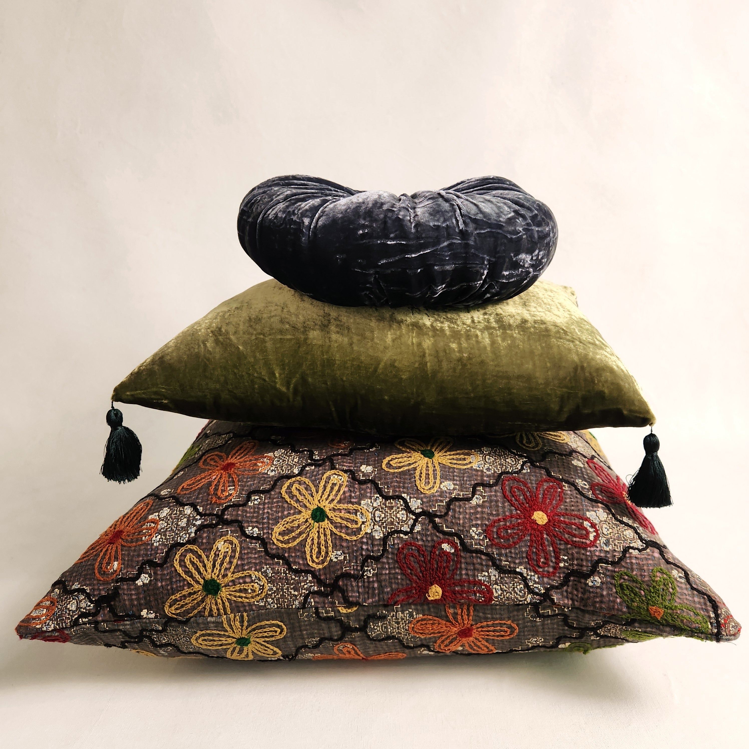 Suzani Cushion #38 - Grey, Green, Burgundy, Black 50x50