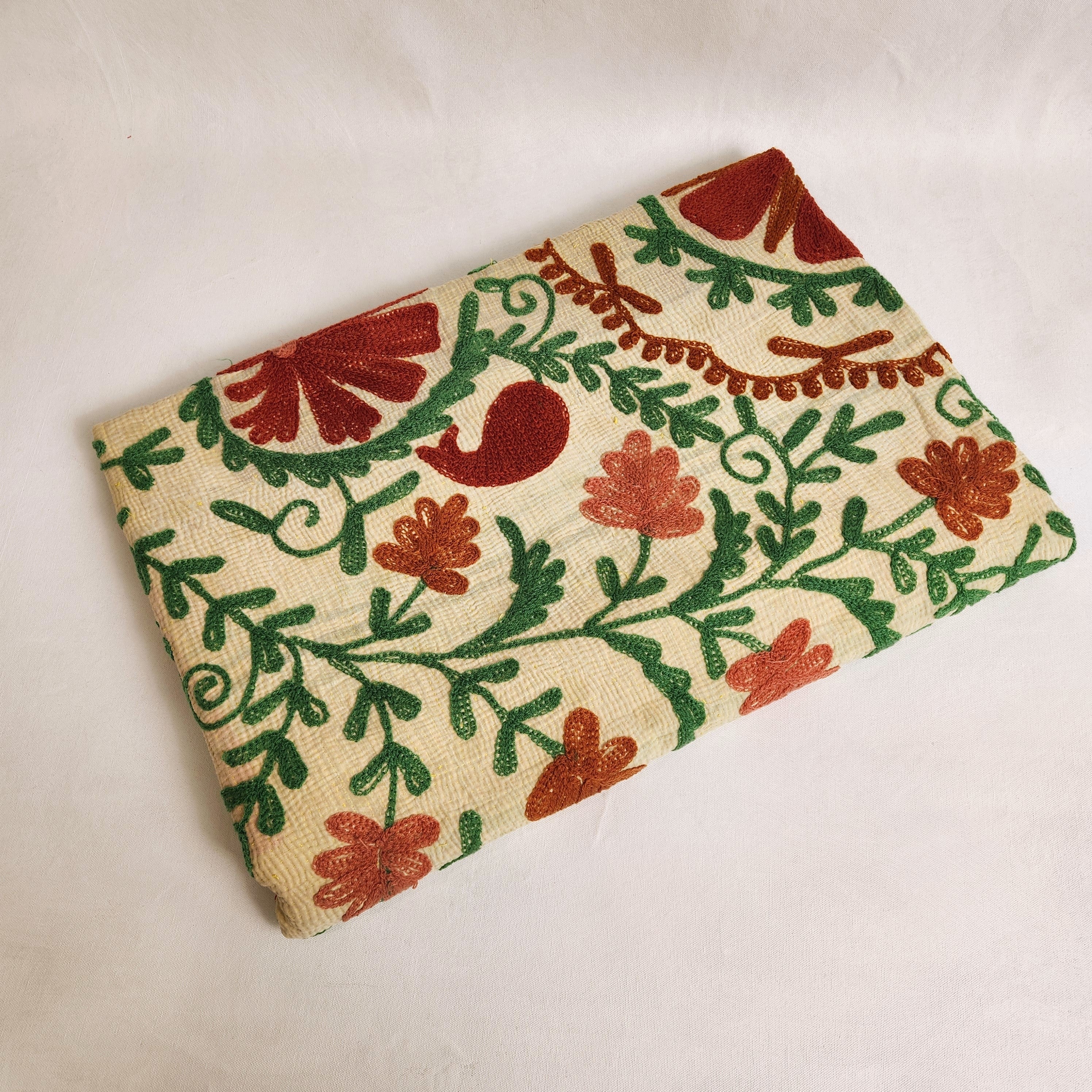 Vintage Suzani Kantha Throw - Tan, Rose & Green