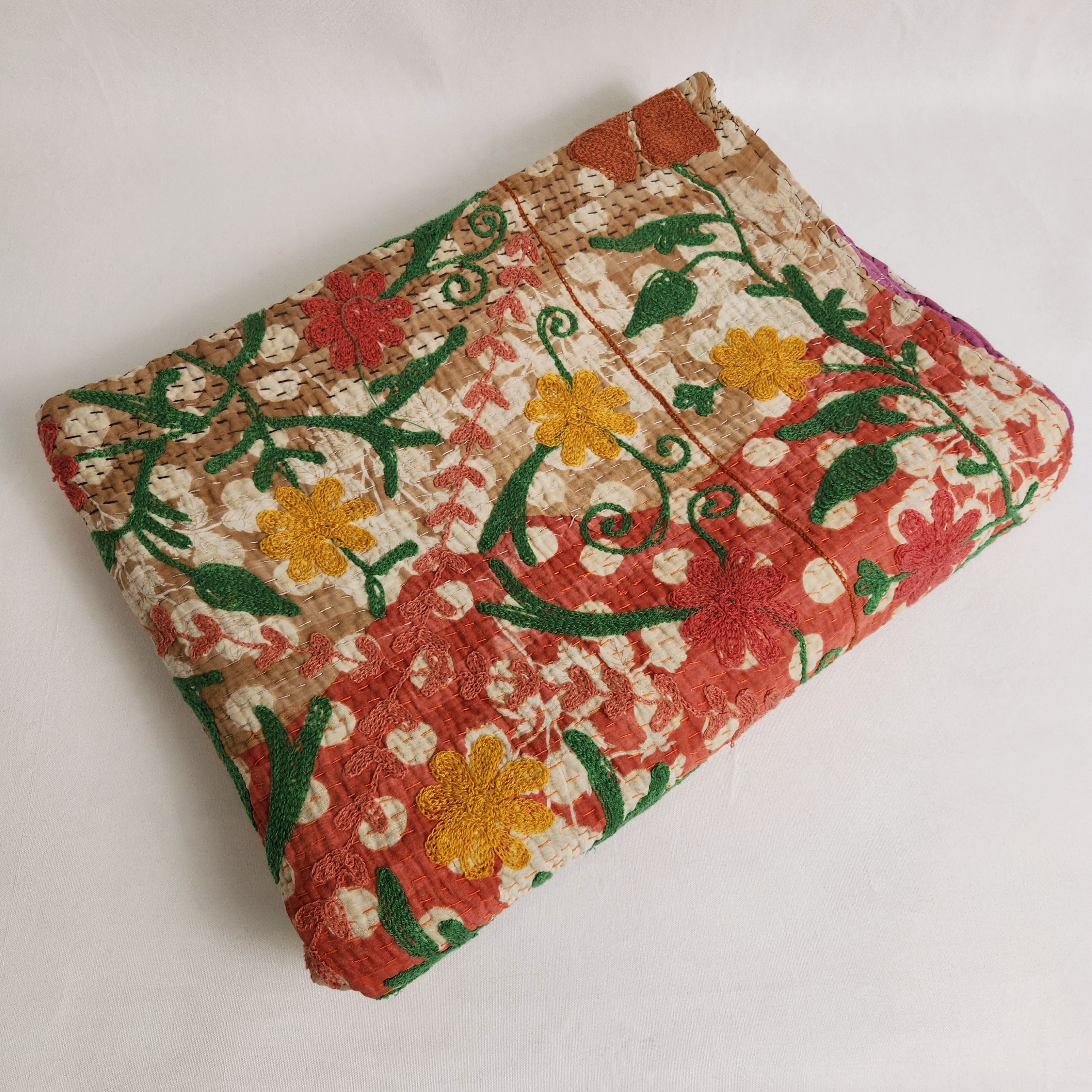 Vintage Suzani Kantha Throw - Pink White Polka Dot