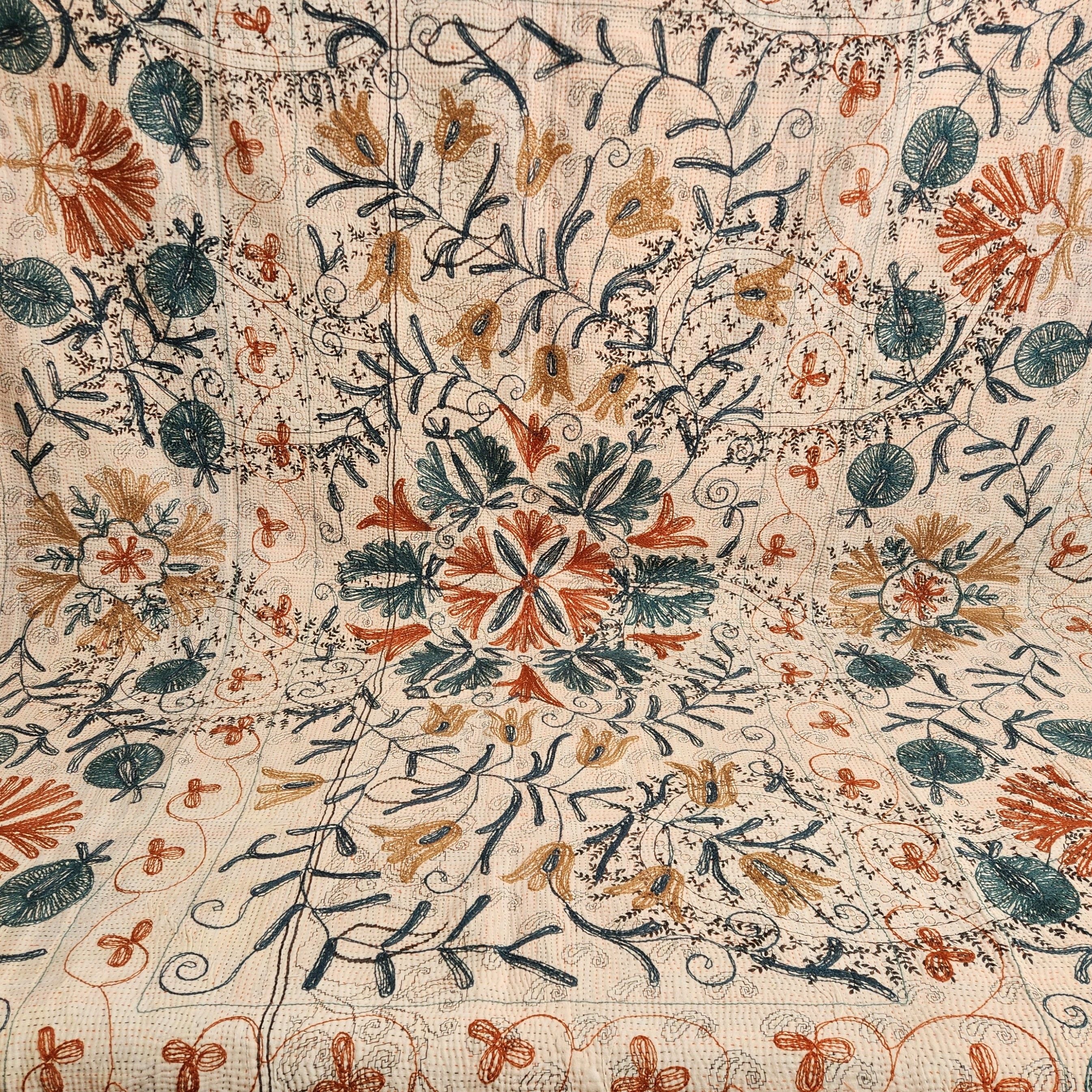Vintage Suzani Kantha Throw - Tan & Delft Blue