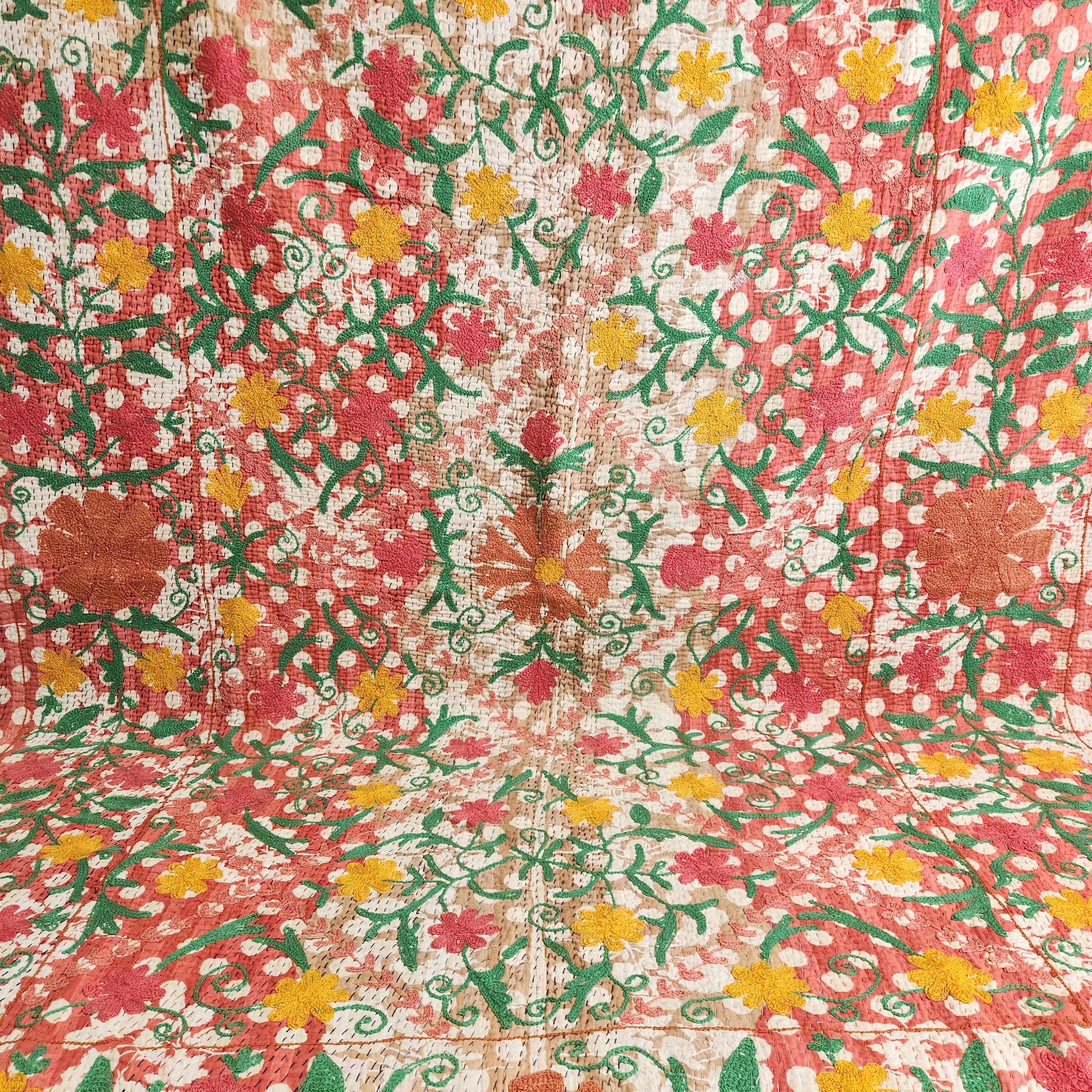 Vintage Suzani Kantha Throw - Pink White Polka Dot