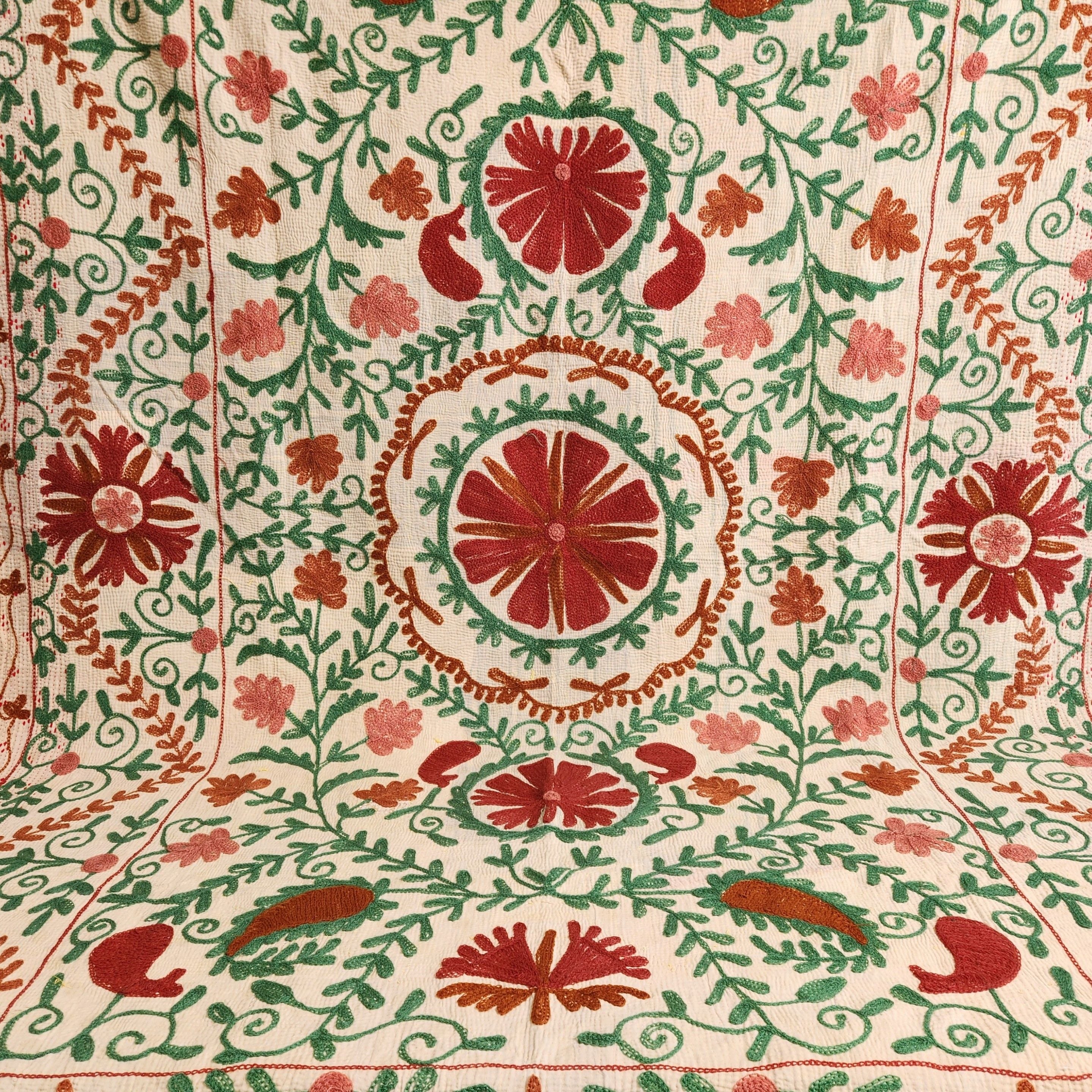 Vintage Suzani Kantha Throw - Tan, Rose & Green