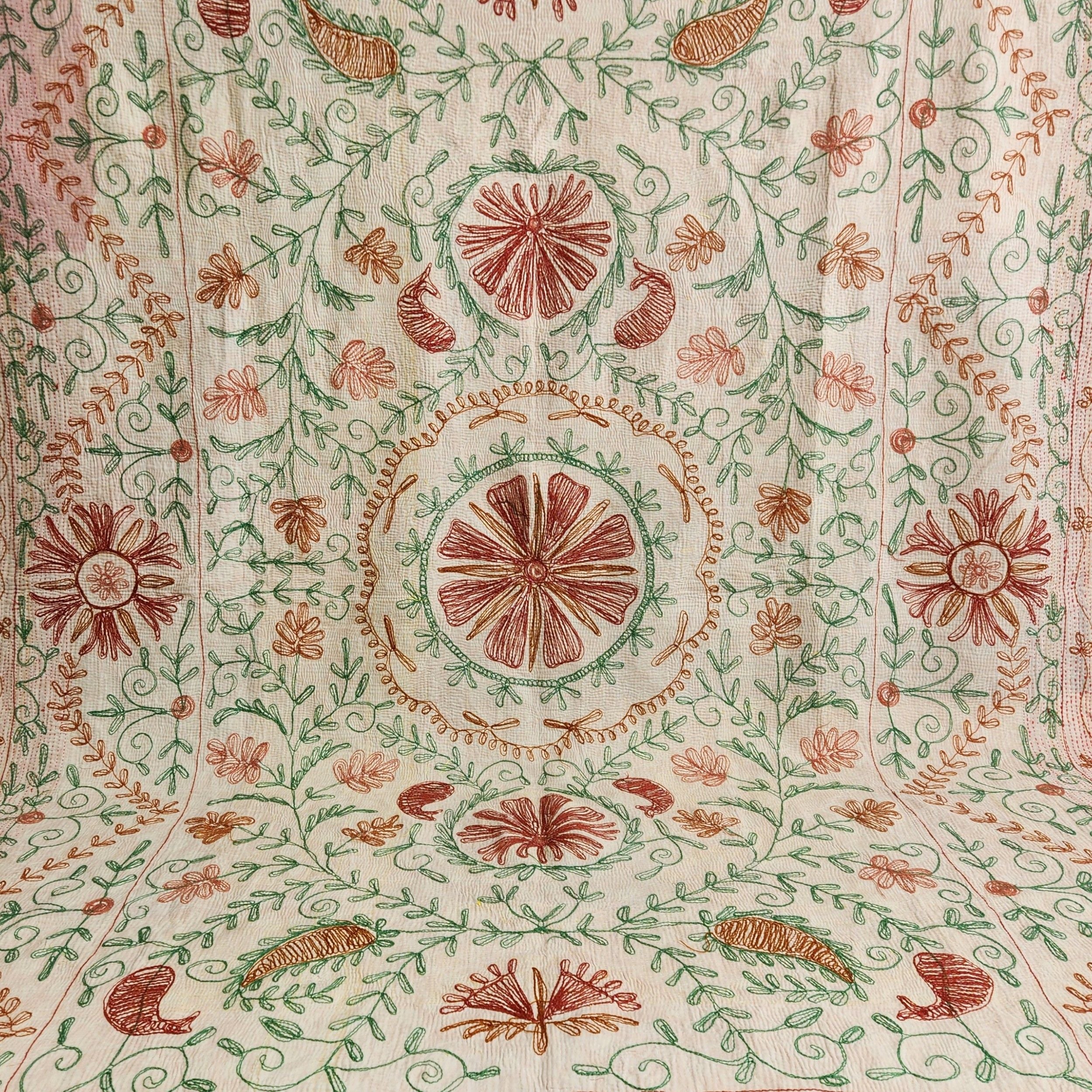 Vintage Suzani Kantha Throw - Tan, Rose & Green