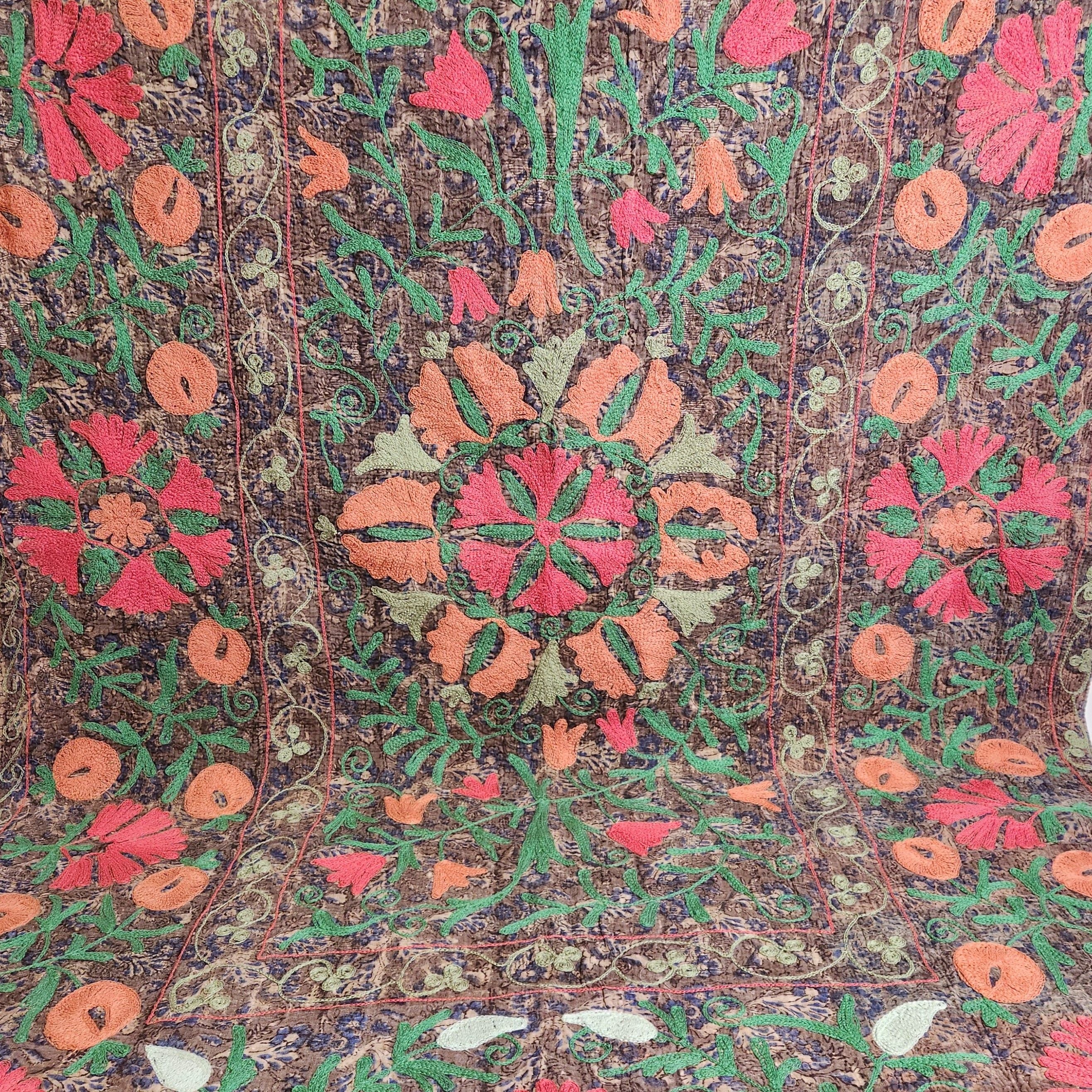 Vintage Suzani Kantha Throw - Peach, Coral &Green on Dark Khaki