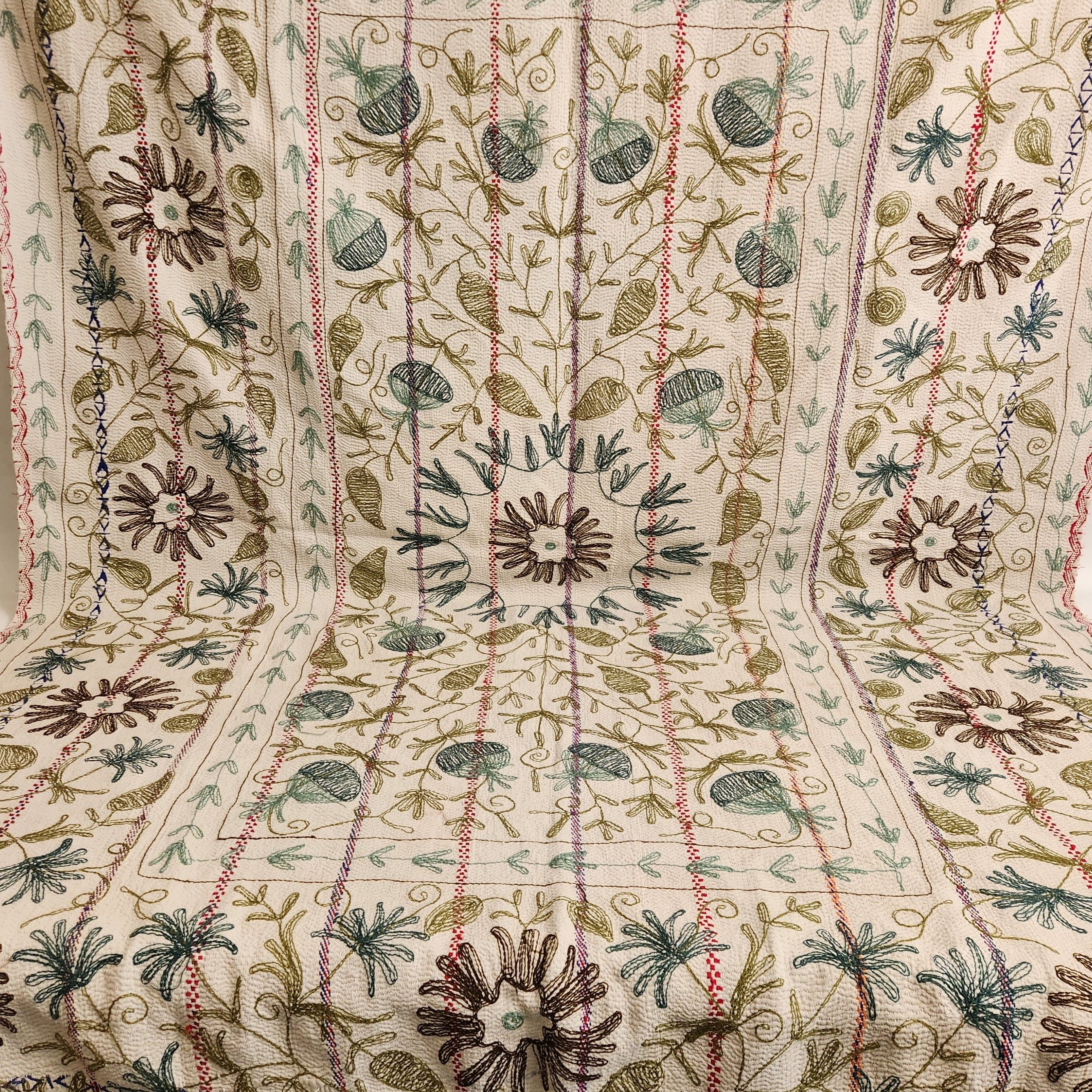 Vintage Suzani Kantha Throw - Olive, Teal & Brown