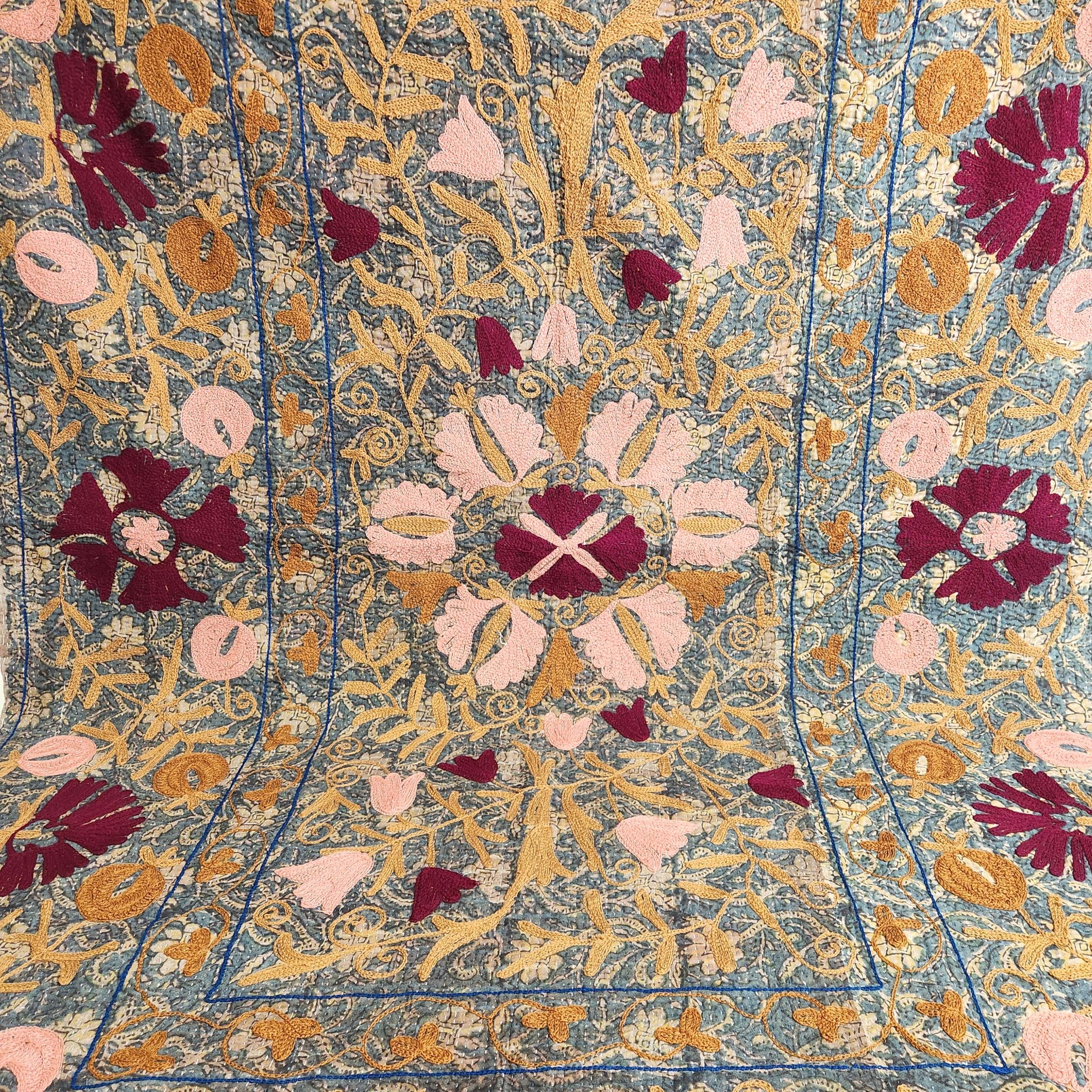 Vintage Suzani Kantha Throw - Tan & Pink on Dark Teal