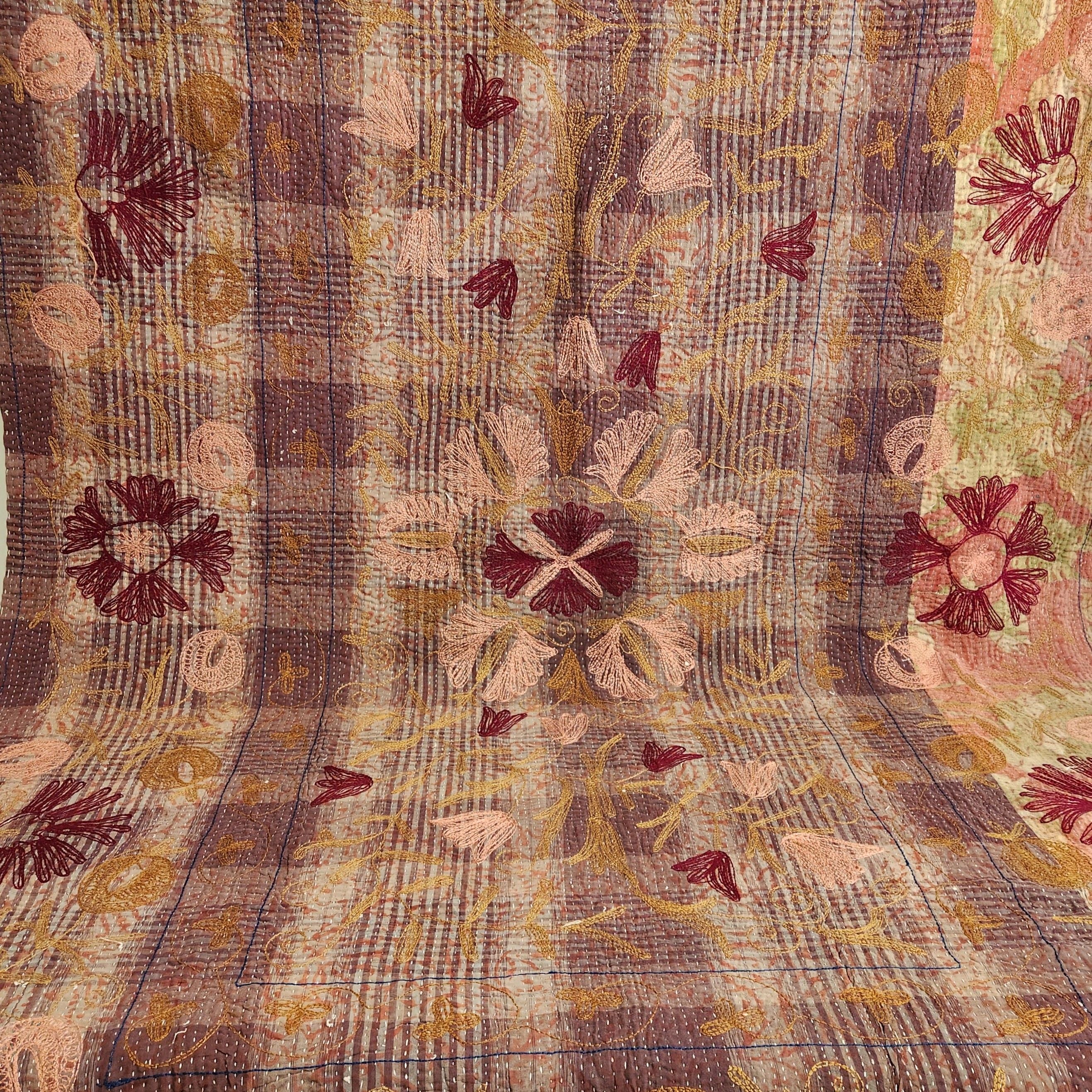 Vintage Suzani Kantha Throw - Tan & Pink on Dark Teal