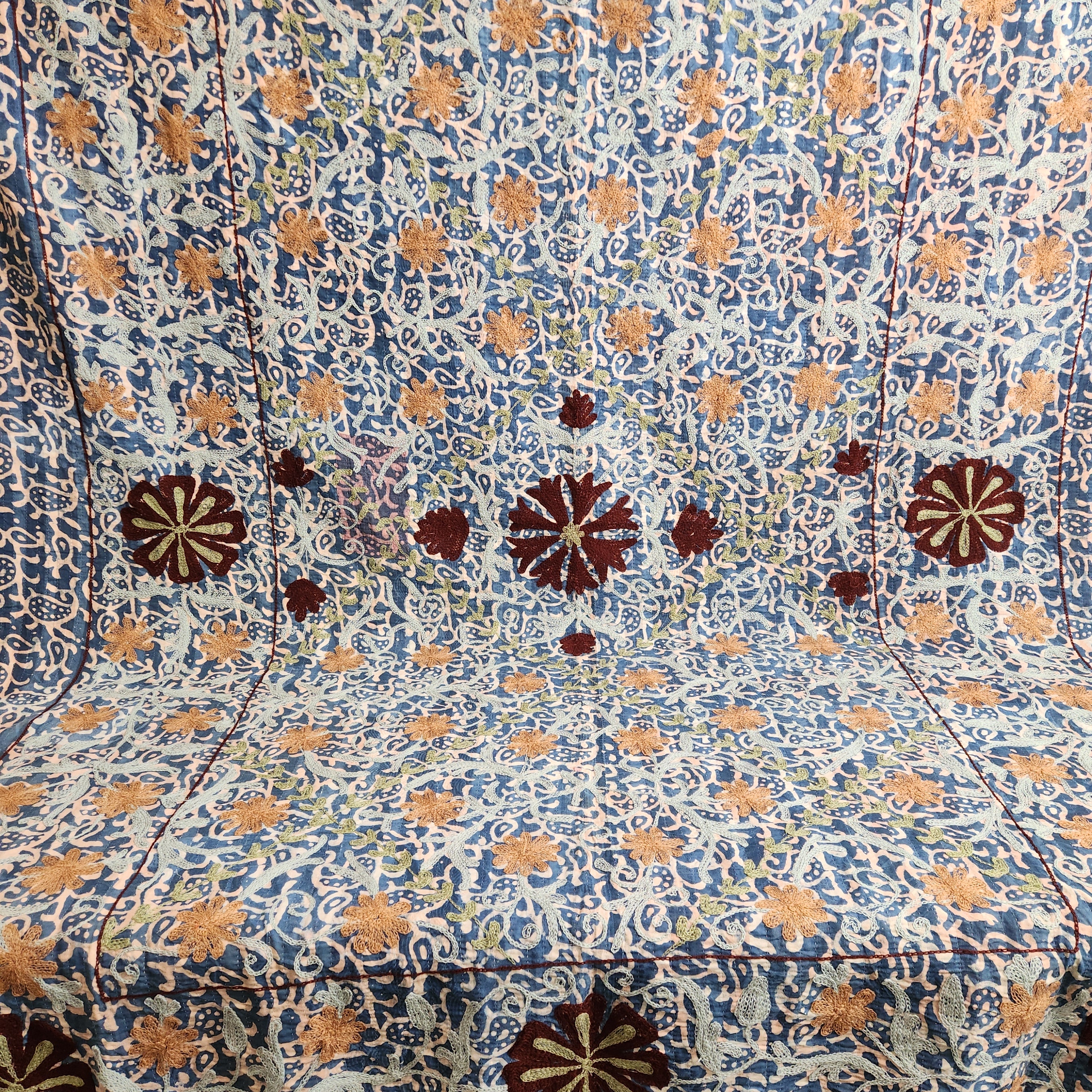 Vintage Suzani Kantha Throw - Blue, Coral & Burgundy