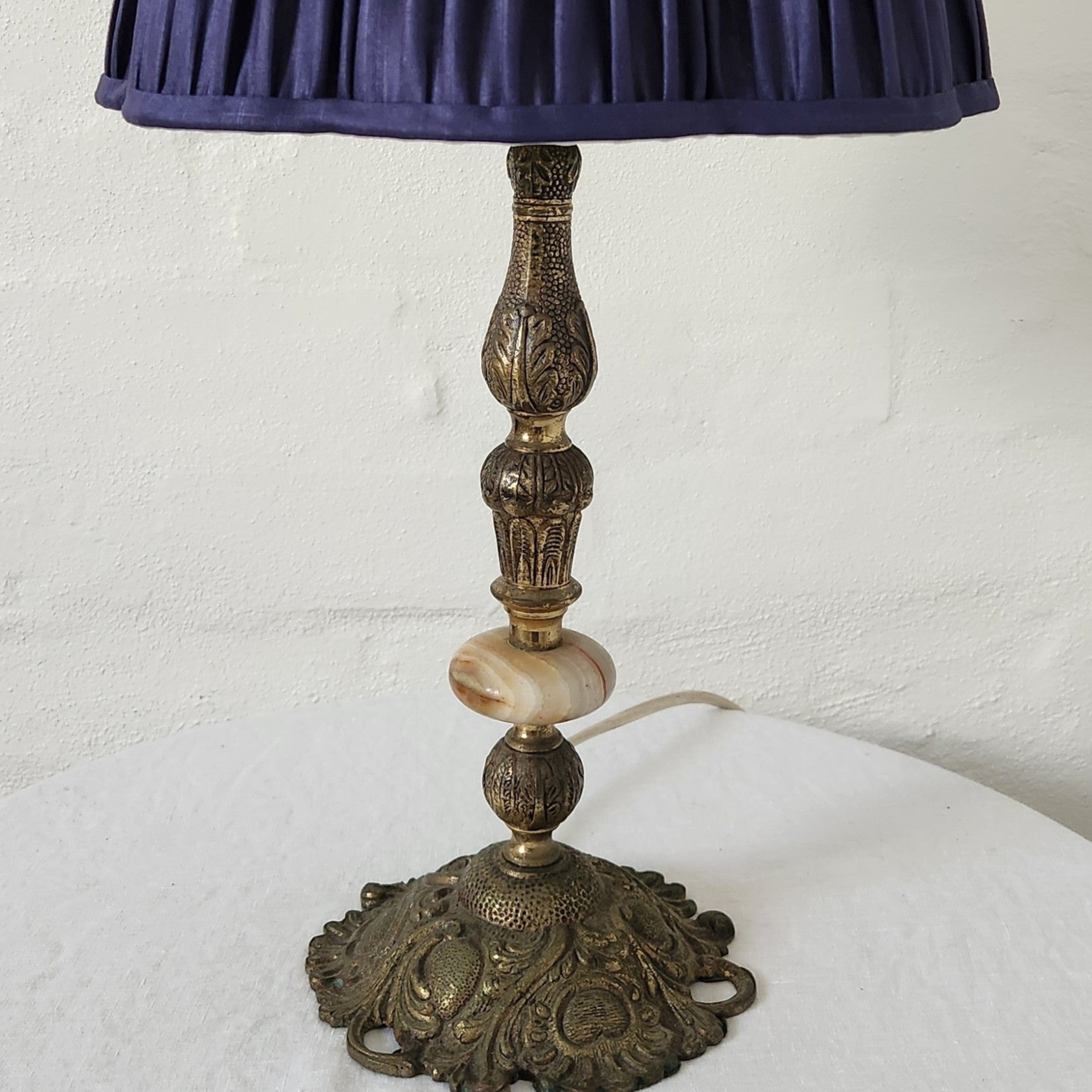 Brass and Onyx Base with Navy Pleated Silk Shade