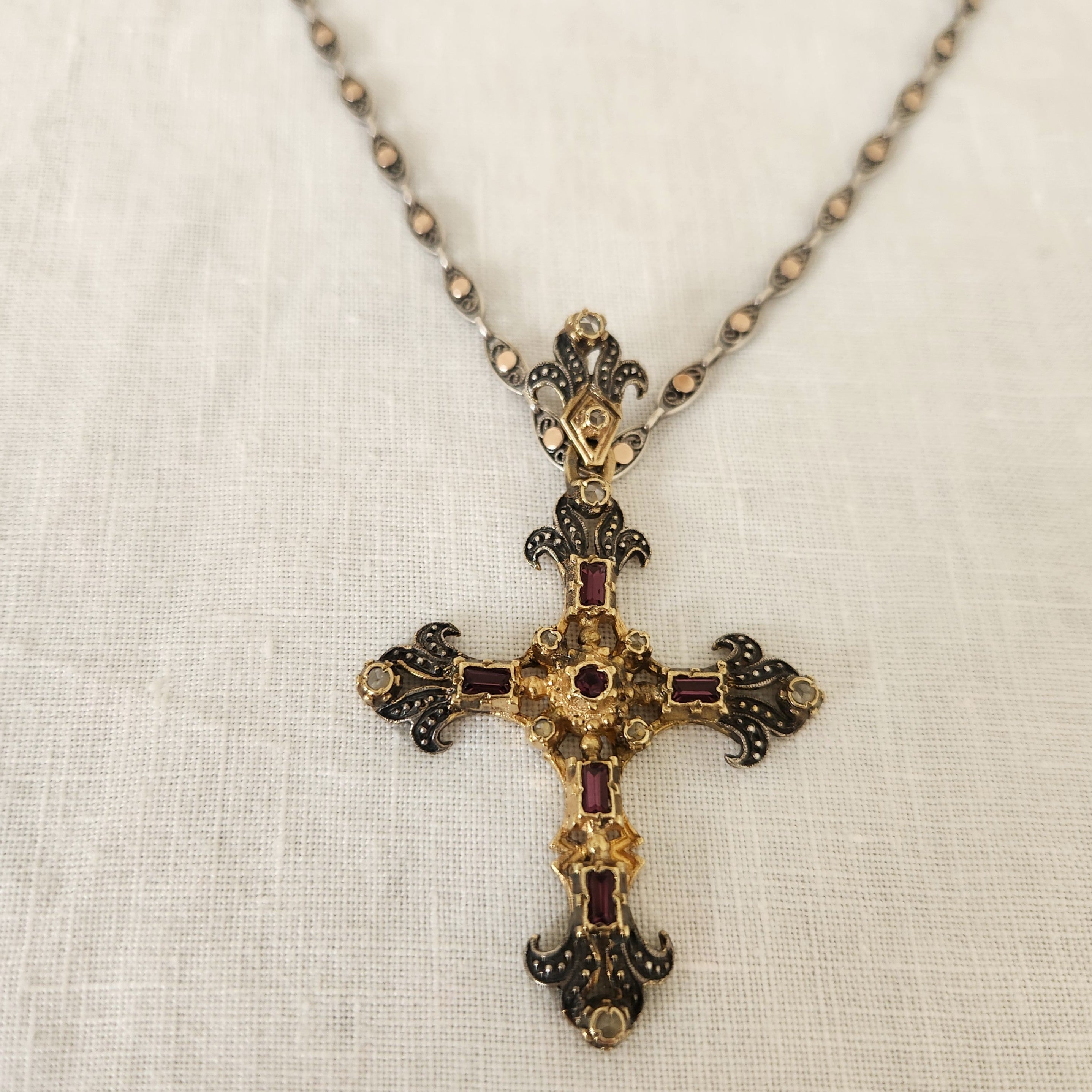 Marquisette Diamond, Amethyst Gilt Sterling Silver Cross Pendant Circa 1920’s