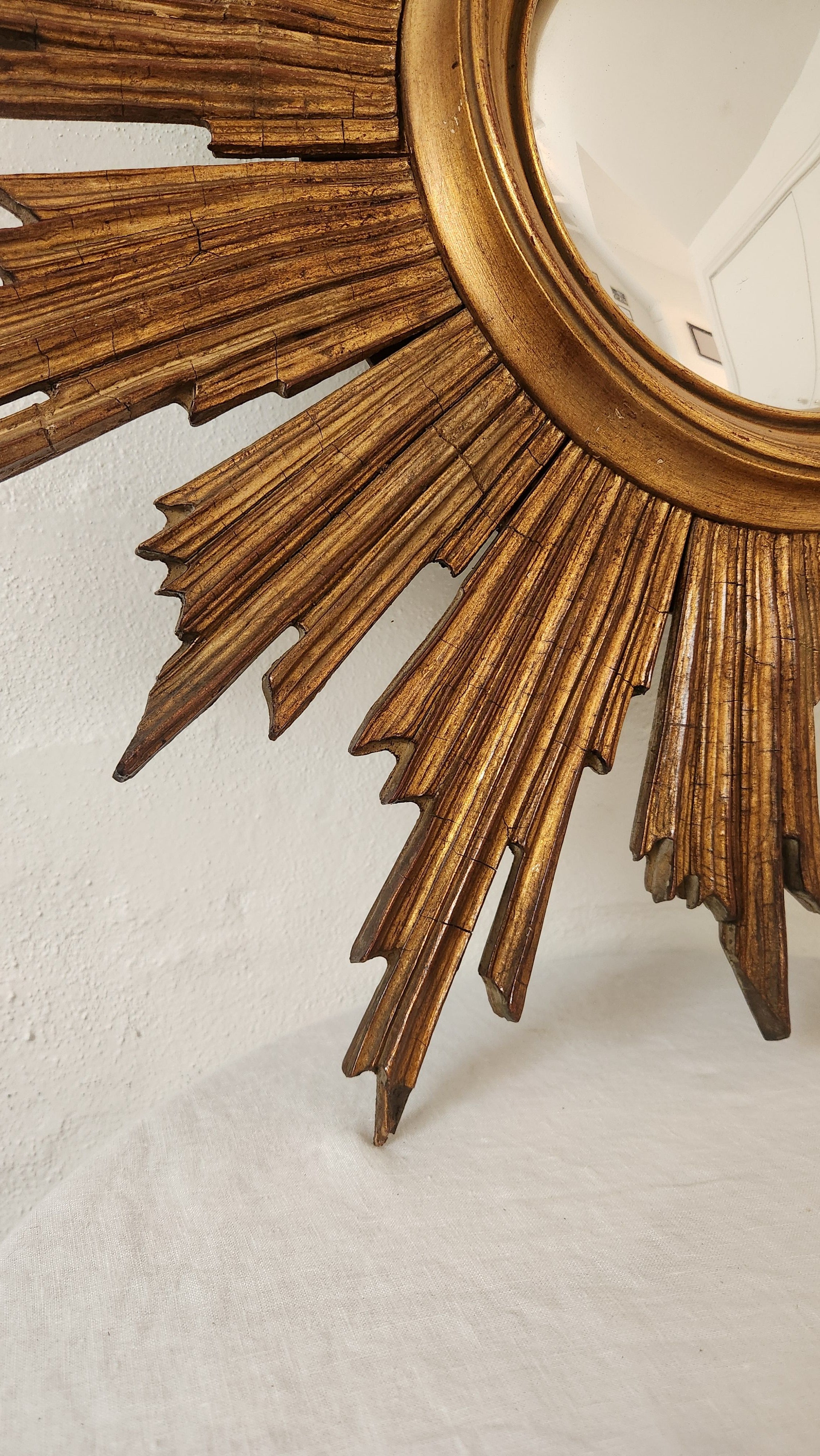 Vintage Belgian Starburst Convex Gilt Wooden Mirror