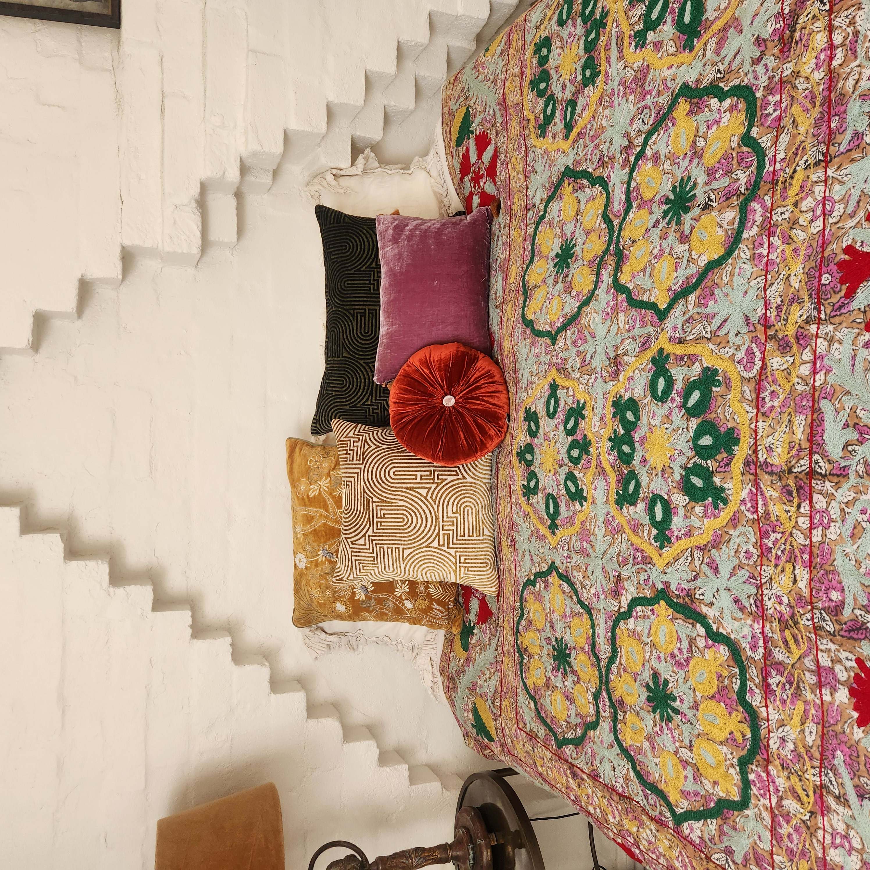Vintage Suzani Kantha Throw - Pink, Aqua, Red, Green, Yellow