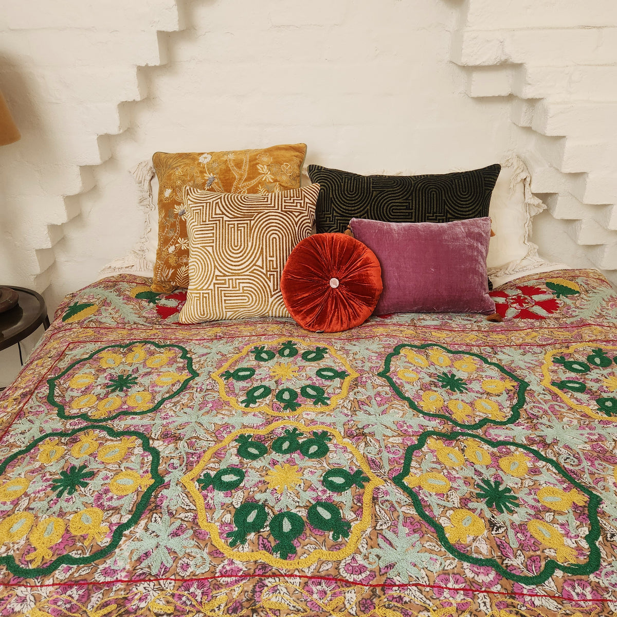 Vintage Suzani Kantha Throw - Pink, Aqua, Red, Green, Yellow