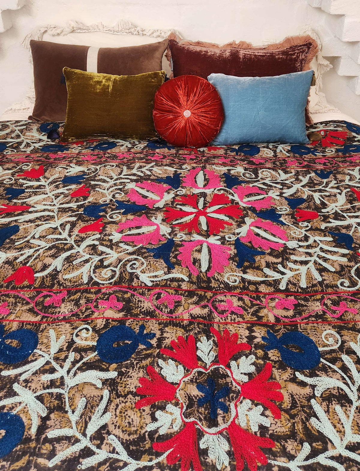 Vintage Suzani Kantha Throw - Camouflage Reds, Blue, Pink, Mint