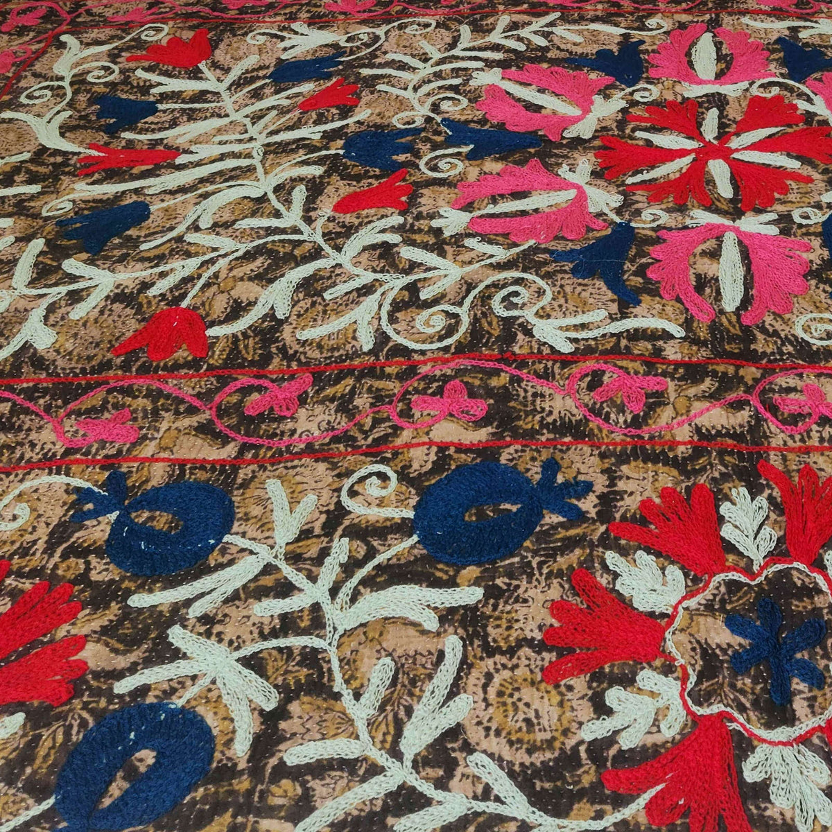 Vintage Suzani Kantha Throw - Camouflage Reds, Blue, Pink, Mint