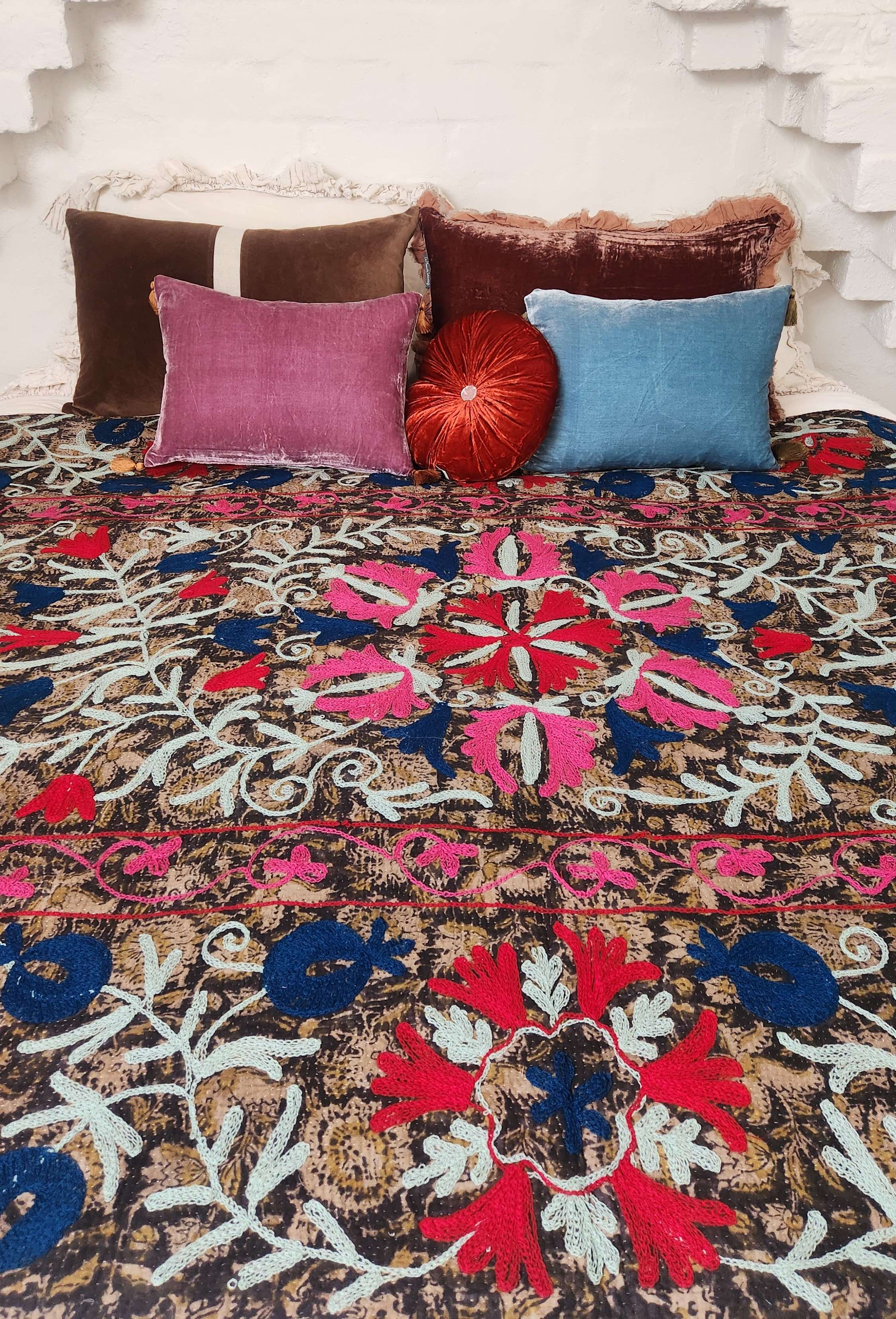 Vintage Suzani Kantha Throw - Camouflage Reds, Blue, Pink, Mint