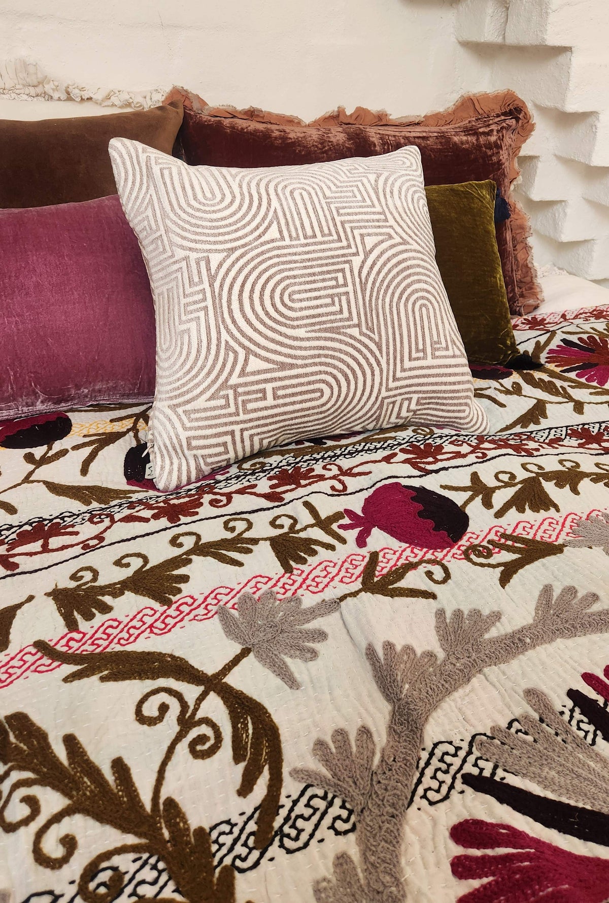 Vintage Suzani Kantha Throw - Fuschia, Olive, Grey, Aubergine