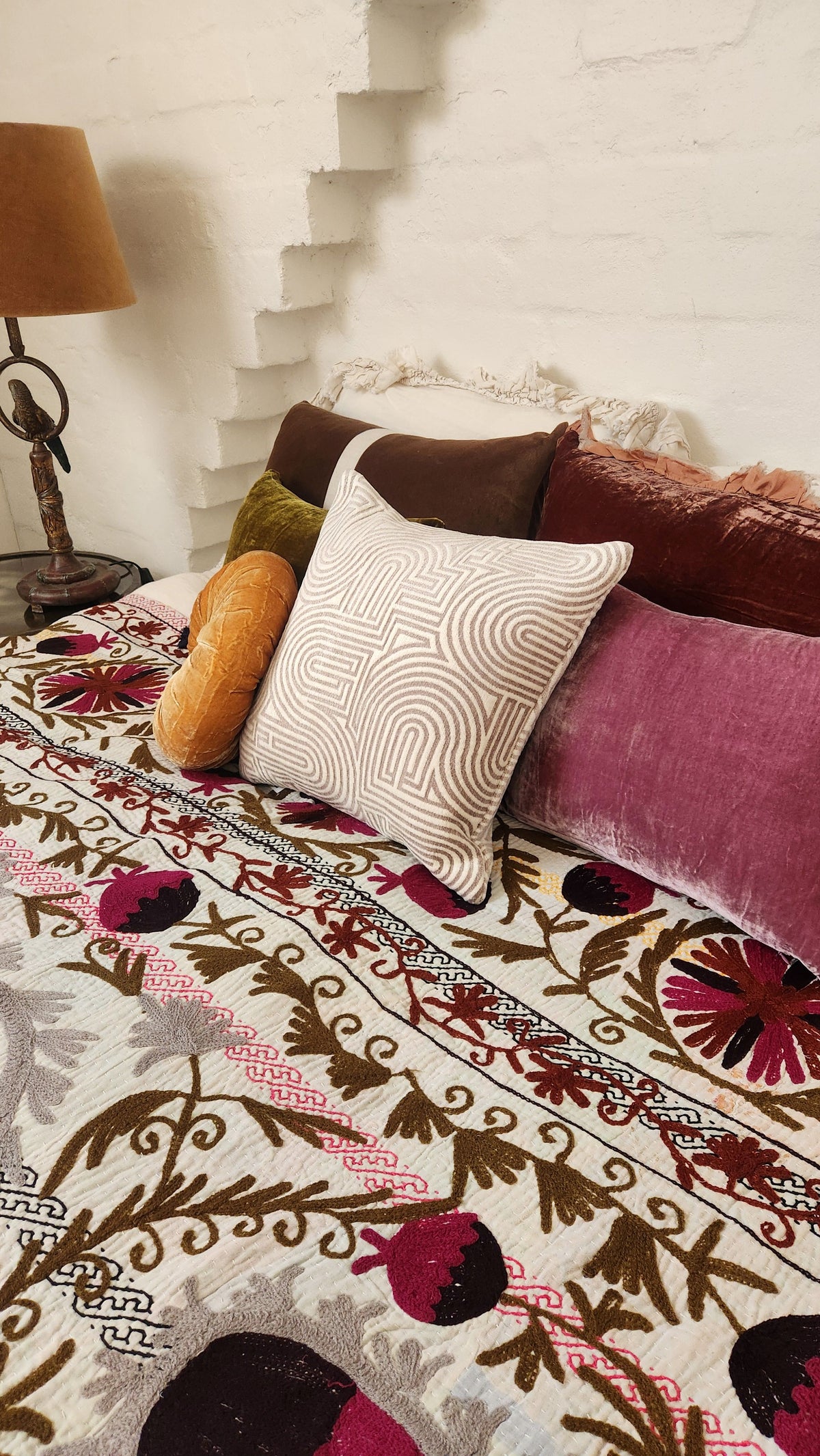 Vintage Suzani Kantha Throw - Fuschia, Olive, Grey, Aubergine