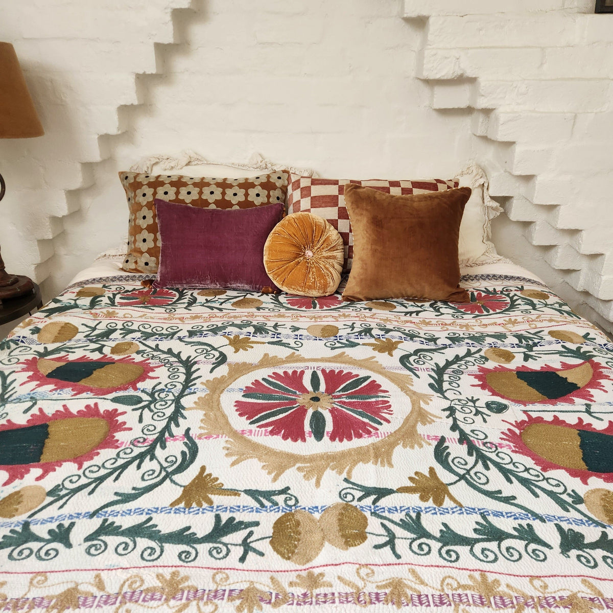 Vintage Suzani Kantha Throw - Pink, Dusty Teal, Ochre