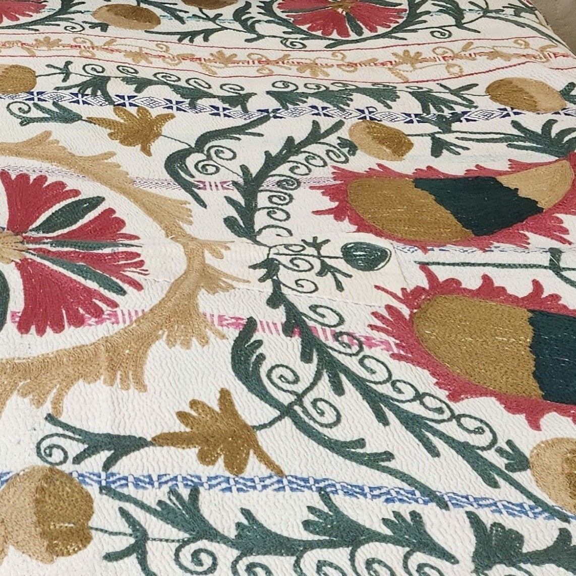 Vintage Suzani Kantha Throw - Pink, Dusty Teal, Ochre