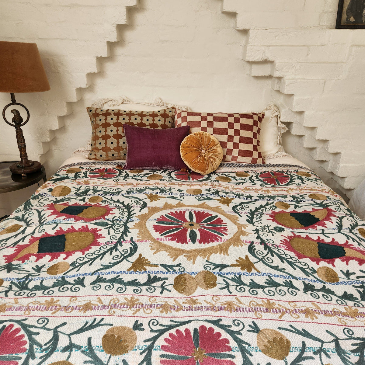 Vintage Suzani Kantha Throw - Pink, Dusty Teal, Ochre