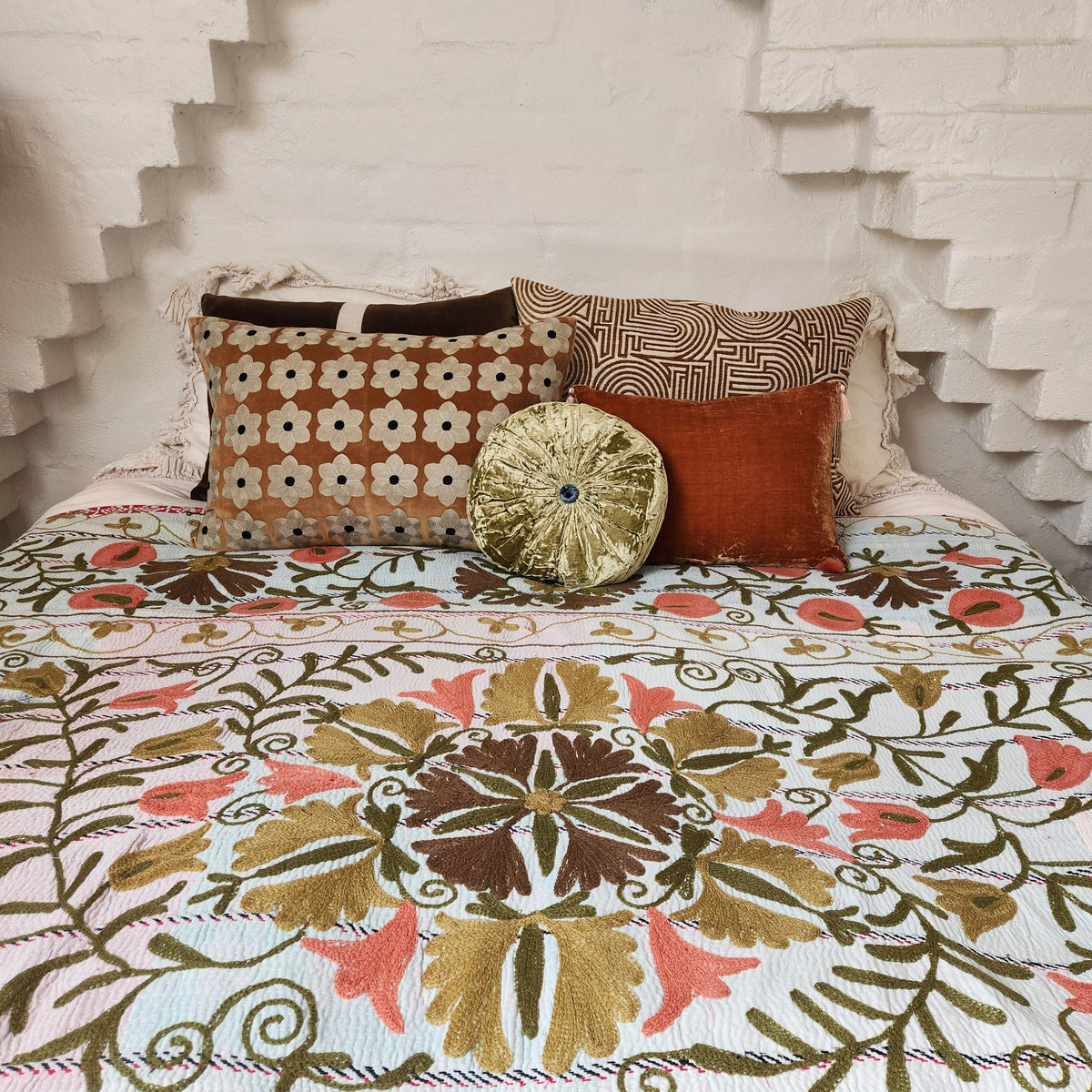 Vintage Suzani Kantha Throw - Apricot, Olive, Ochre, Ice Blue