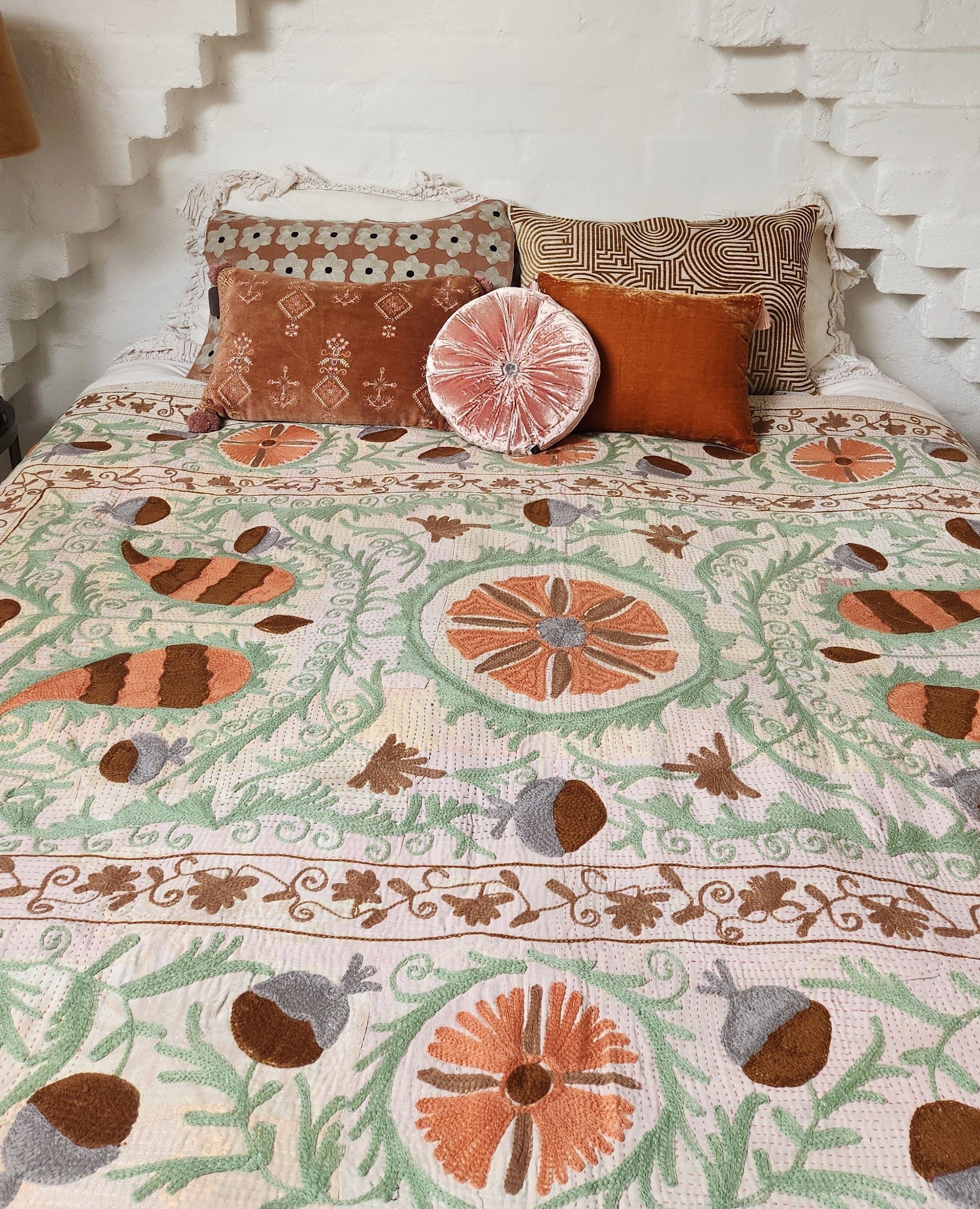 Vintage Suzani Kantha Throw - Apricot, Green, Ochre, Pale Pink & Lemon